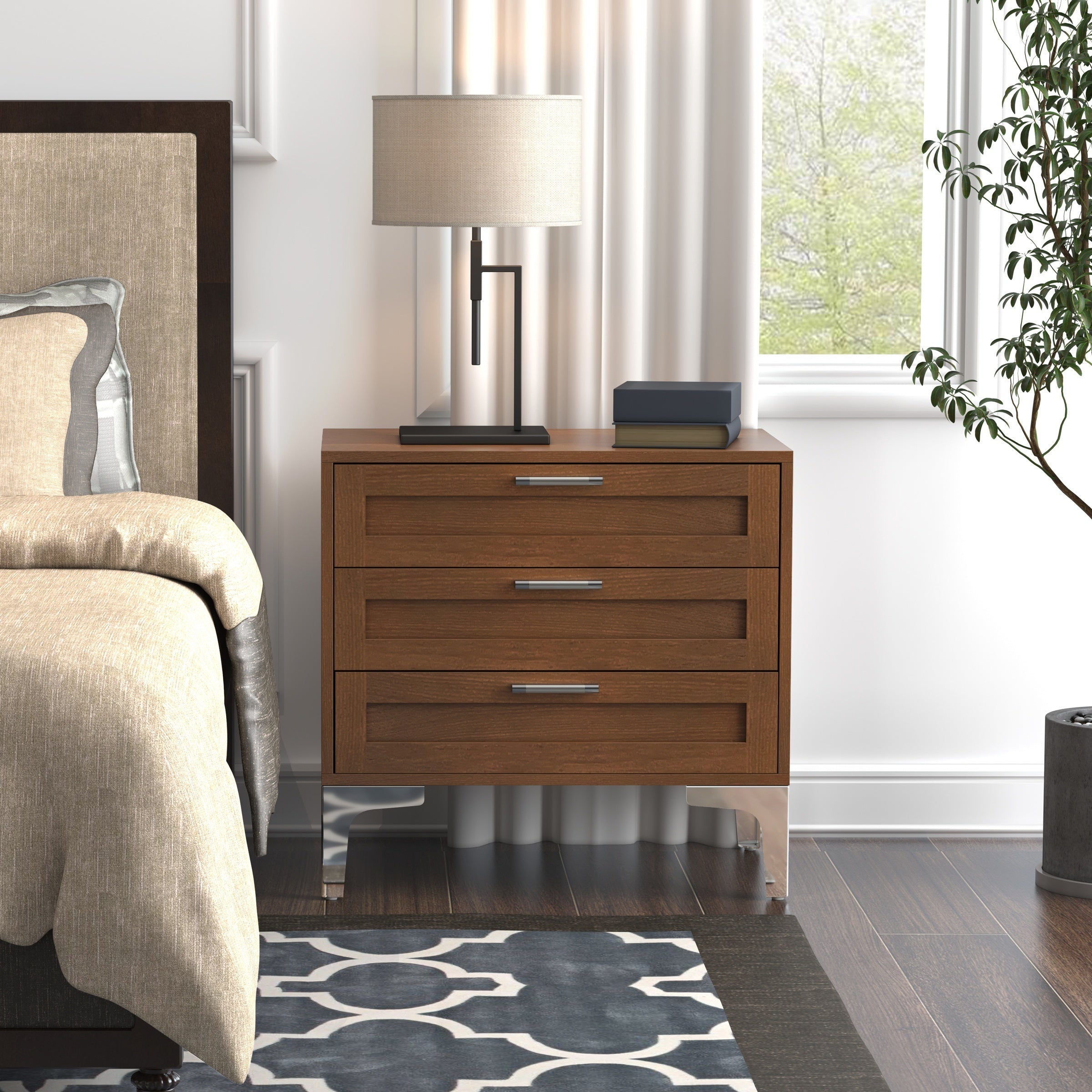 Modern Walnut 3-Drawer Nightstand with Polished Silvery Legs - Mid-Century Style Wooden End Table for Bedroom & Living Room, Freestanding Storage Organizer