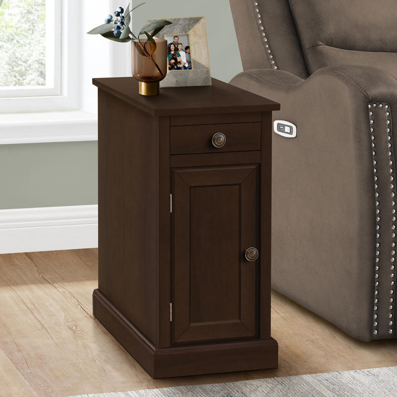 Accent Table, End, Side Table, Nightstand, Narrow, Bedroom, Lamp, Storage Drawer, Brown Veneer, Traditional-Suitable for Shopping Malls, Homes, Restaurants, And Offices.