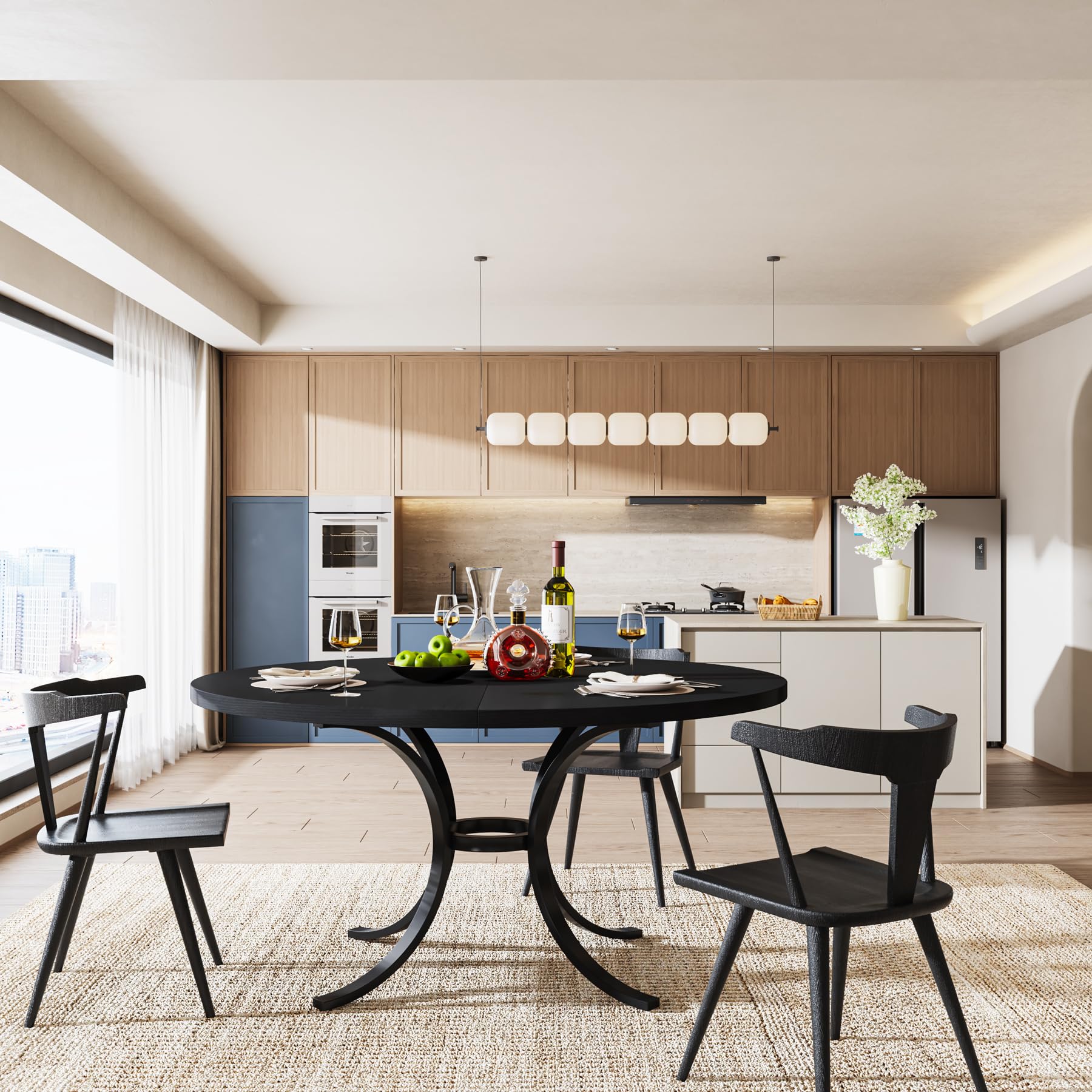 120cm Round Dining Table for 4-6 People Farmhouse Kitchen Table with Wooden Texture Surface & Pedestal Round Table