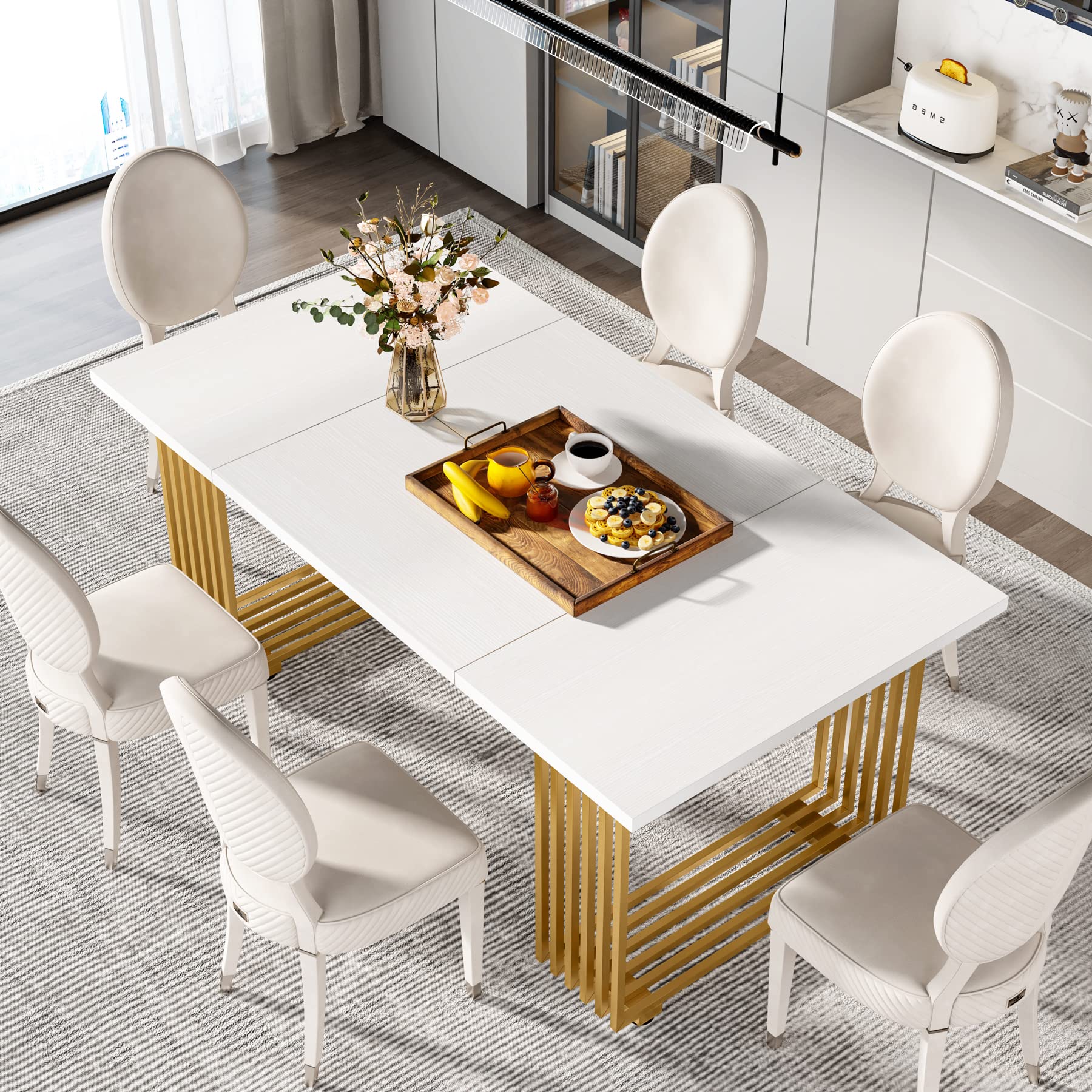 Modern Dining Table for 6-8 People, 180cm White Dining Room Table, Wooden Kitchen Table, Rectangular Dinner Table for Dining Room Family Gathering