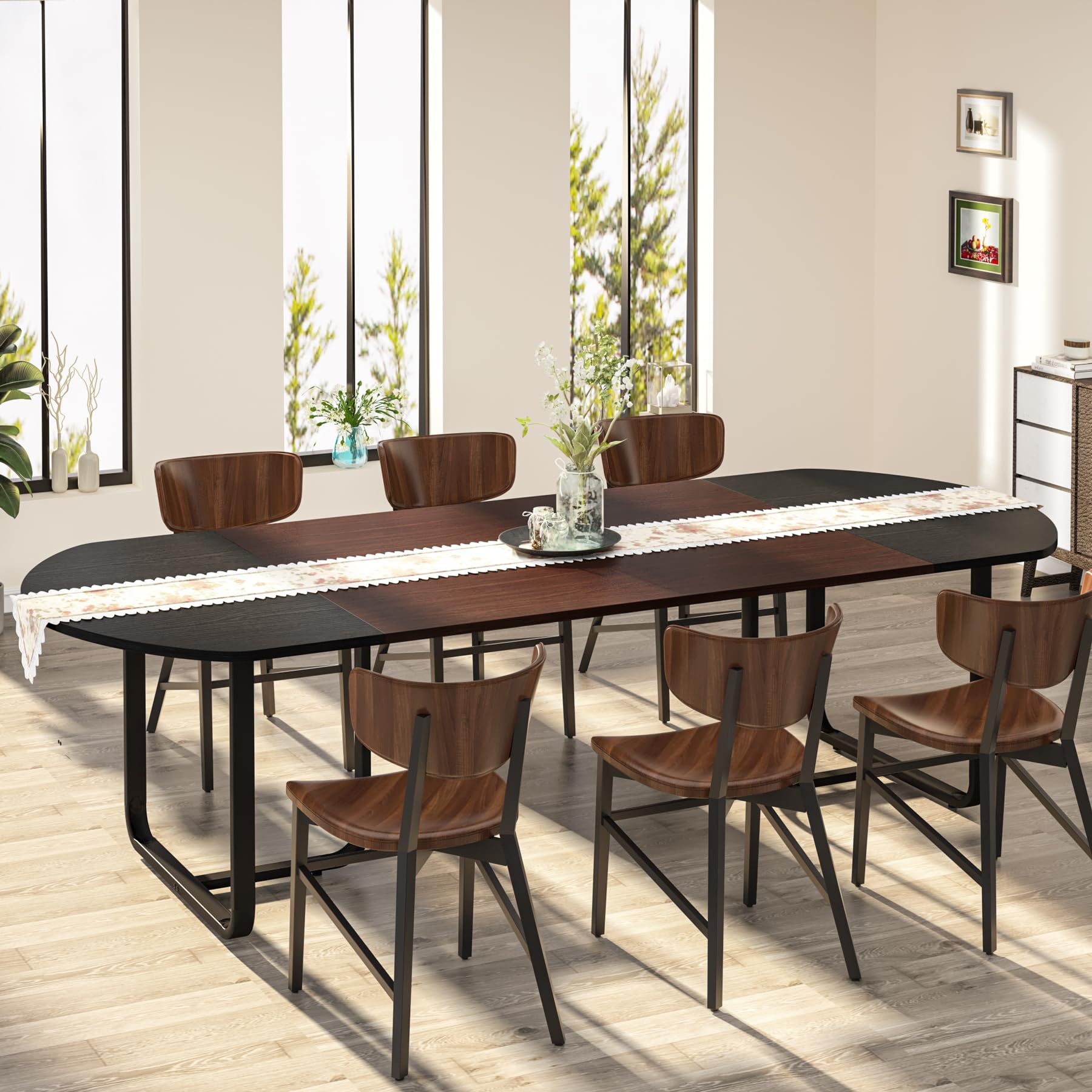 180cm Modern Oval Dining Table with Walnut and Black Finish Splicing Board, Curved Kitchen Tables for 6-8, Large Dining Room Table with Stylish Metal Legs (Walnut+Black)