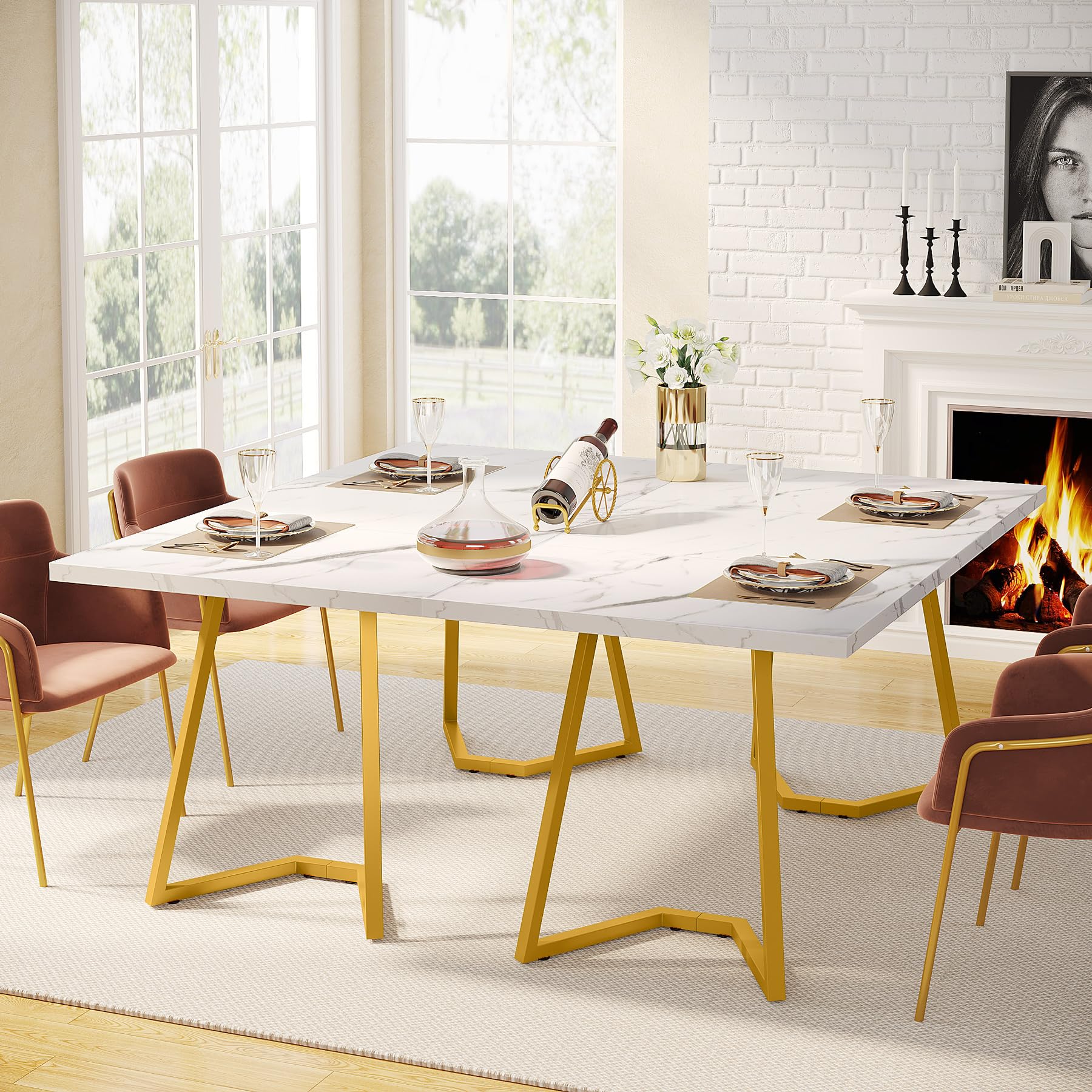 Gold Dining Dinner Table: 140cm Modern White Dining Room Table with Golden Legs, Faux Marble Small Kitchen Table for 6, Rectangular Dining Table for Apartment