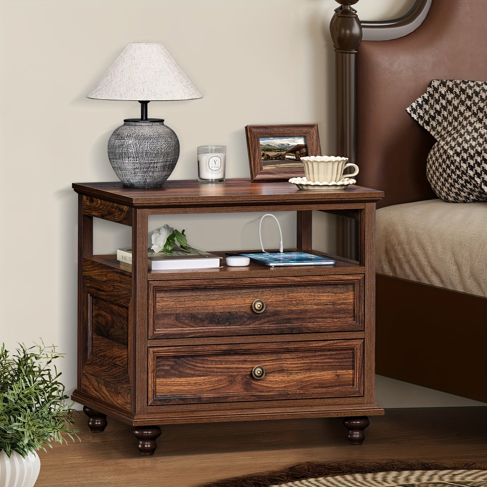 Farmhouse Nightstand With Charging Station, 23.6" Wide End Table With 2 Drawers, Brown Dresser For Bedroom, Bed Side Table Chest Of Drawers Cabinet, Wood Night Stand For Living Room, Closet