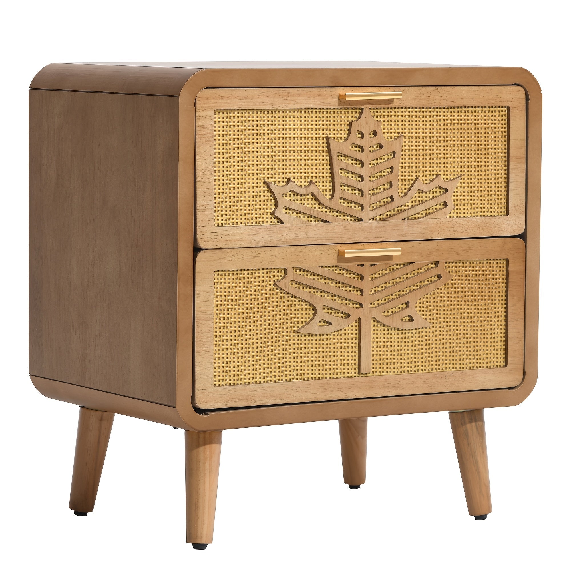 Mid-Century Modern Nightstand] Mid-Century Modern Nightstand with Rattan Accents and Maple Leaf Carving Solid Wood