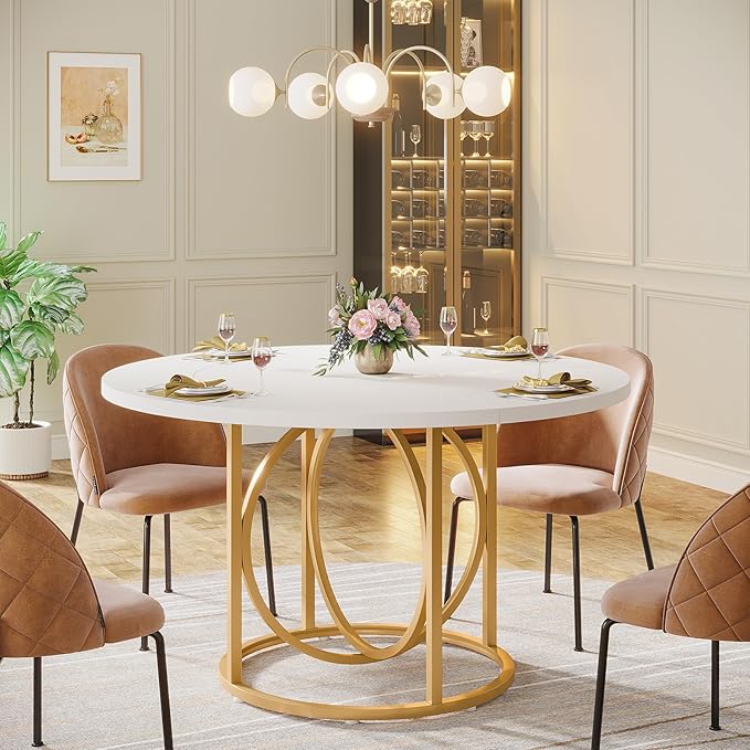 Modern Round Dining Table for 4-6, 119cm White Kitchen Table with Gold Base, Wood Dinner Table Coffee Table for Home Dining Room, Kitchen, Living Room, Apartment, Cafe’