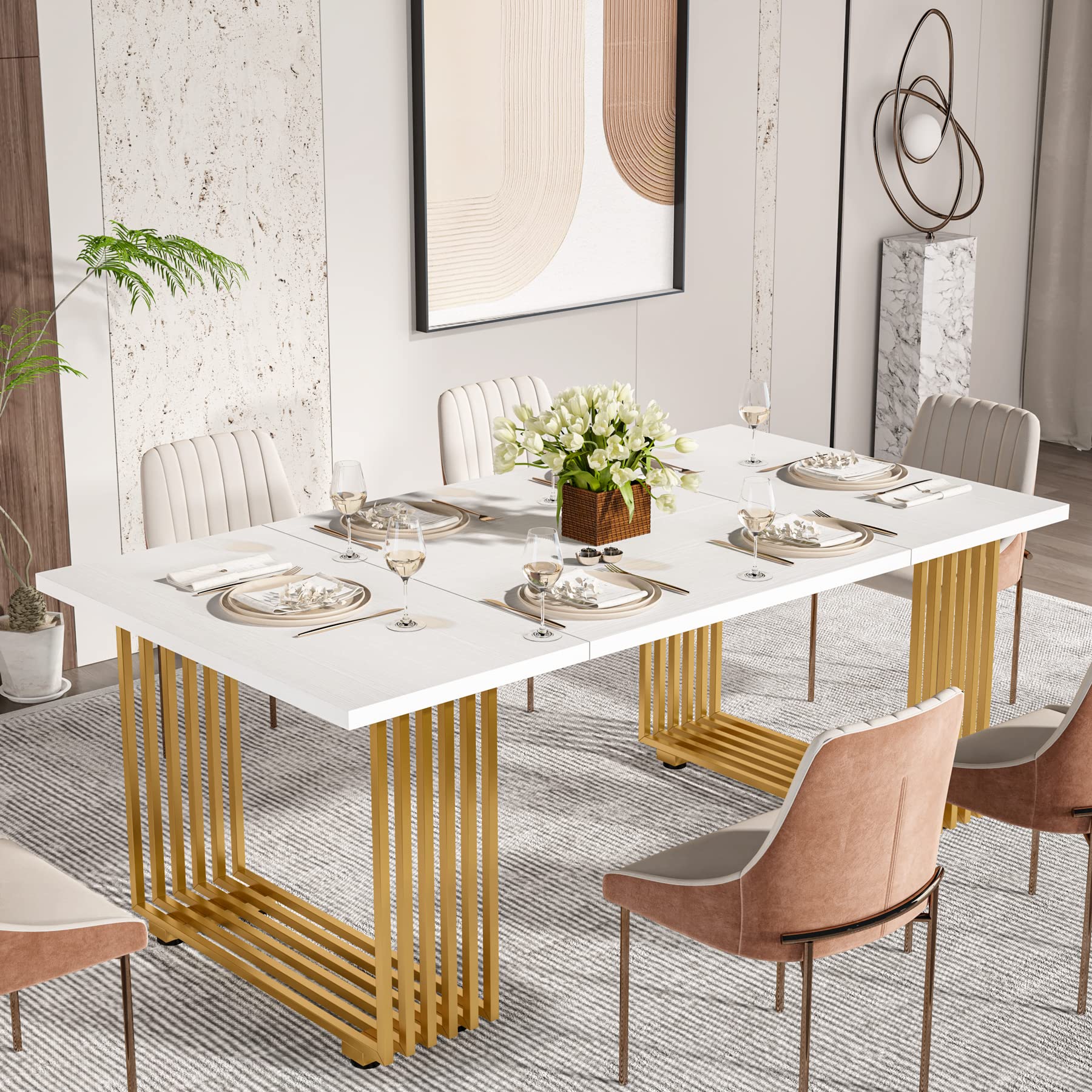 Modern Dining Table for 6-8 People, 180cm White Dining Room Table, Wooden Kitchen Table, Rectangular Dinner Table for Dining Room Family Gathering