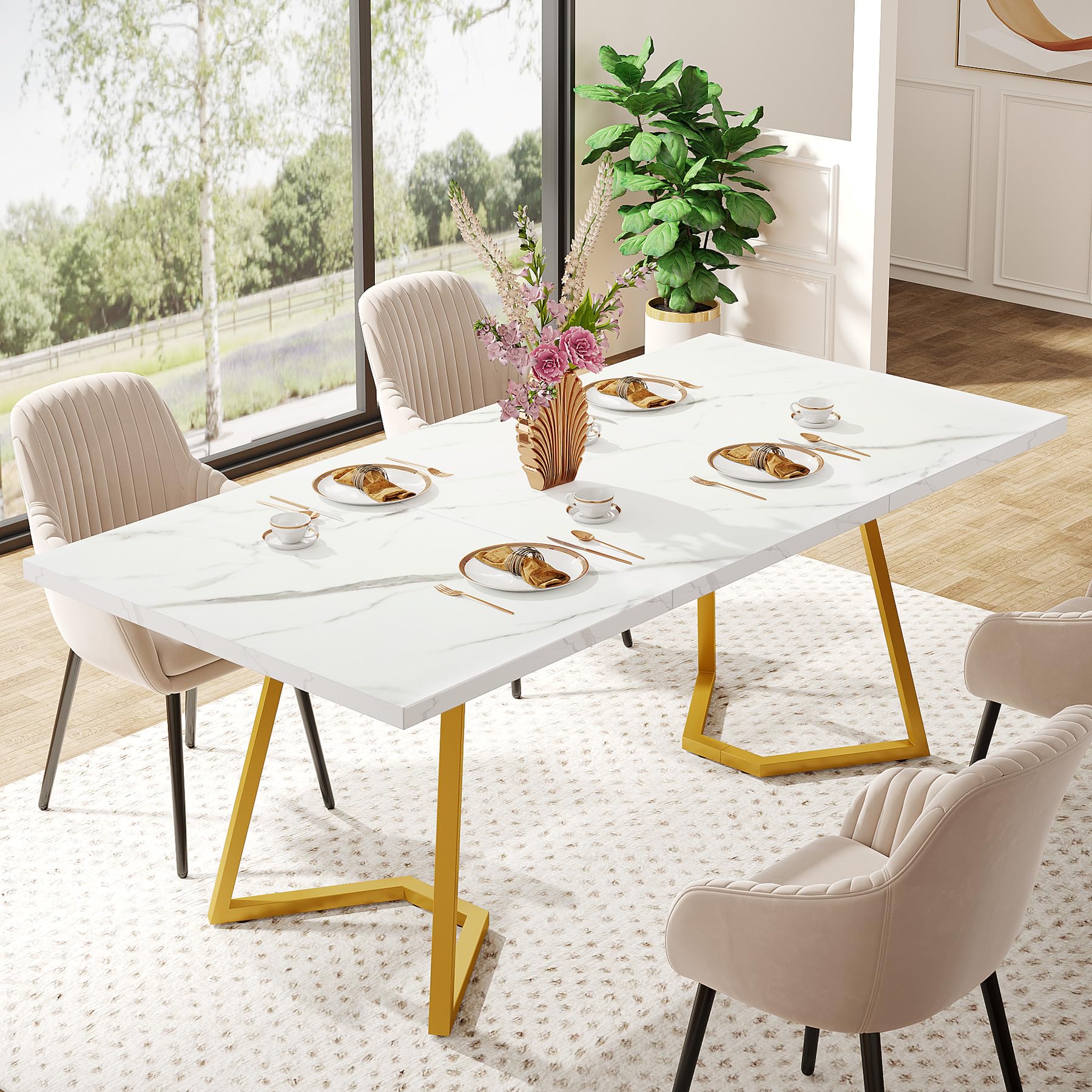 Gold Dining Dinner Table: 140cm Modern White Dining Room Table with Golden Legs, Faux Marble Small Kitchen Table for 6, Rectangular Dining Table for Apartment