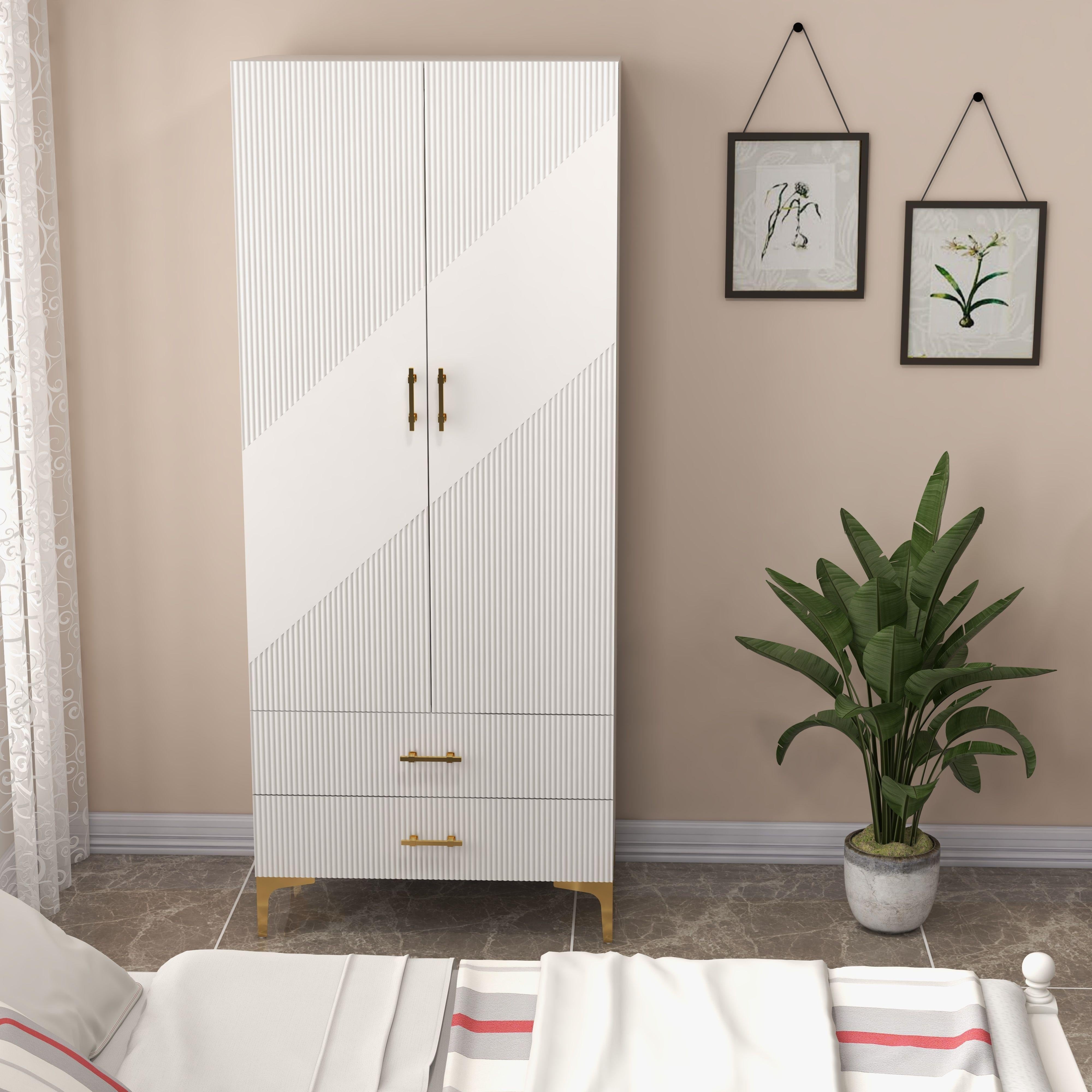 Modern Wooden Wardrobe Closet with Drawers, 2-Door Armoire, Hanging Rod, Metal Legs, Lockable Flat Door, Pine Wood Back, Floor Mount, Weather-Independent, with 20.4" D x 31.5" W x 76.8" H for Storage