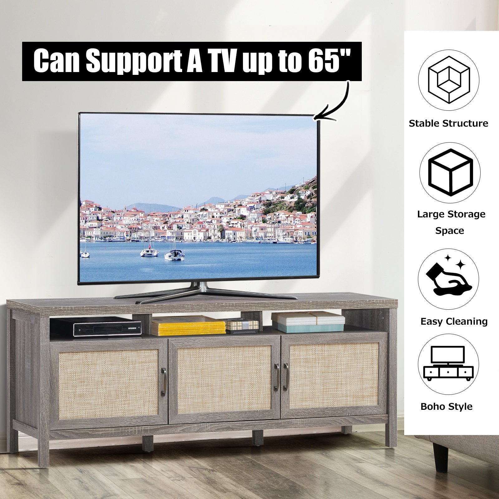 MULTIGOT Boho Style TV Stand, Fit for 65" TVs - Modern Farmhouse Design with 3 Rattan Doors & Adjustable Storage Shelves, Sturdy Oak Wood Frame, Open Display Top Shelf - Elegant Entertainment Center, Tv Console for Living Roo