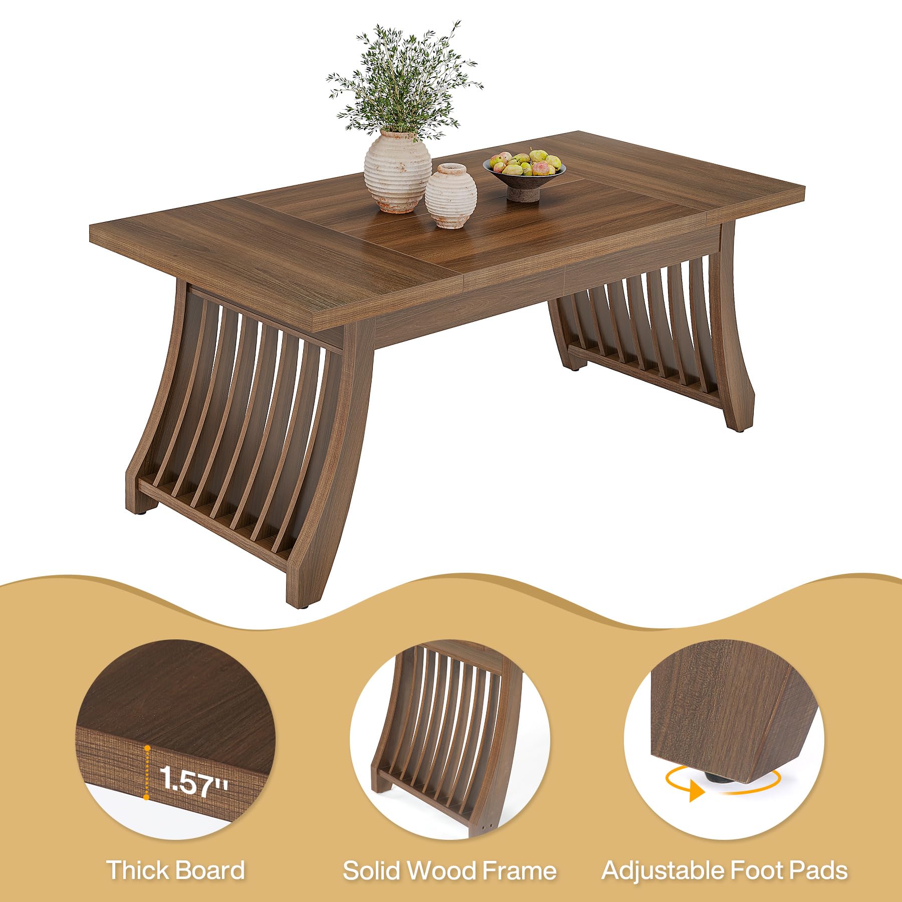 Wood Dining Room Table: 158cm Rectangular Dining Table for 6 People Farmhouse Wooden Kitchen Table with Heavy-Duty