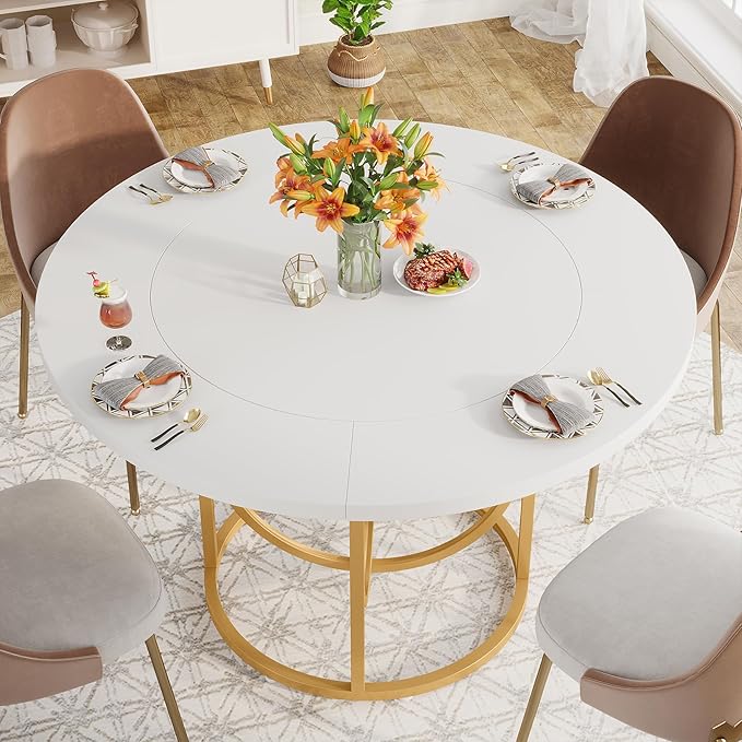 Modern Round Dining Table for 4-6, 119cm White Kitchen Table with Gold Base, Wood Dinner Table Coffee Table for Home Dining Room, Kitchen, Living Room, Apartment, Cafe’