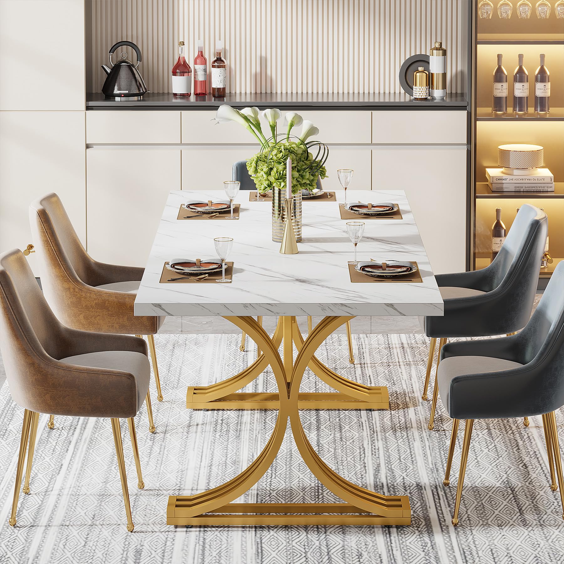 Modern Dining Table with Heavy-Duty Trestle Leg, 180cm Rectangular Kitchen Table for 4, Dinner Table with Faux Marble Table Top, White and Gold （Chair Not Included）