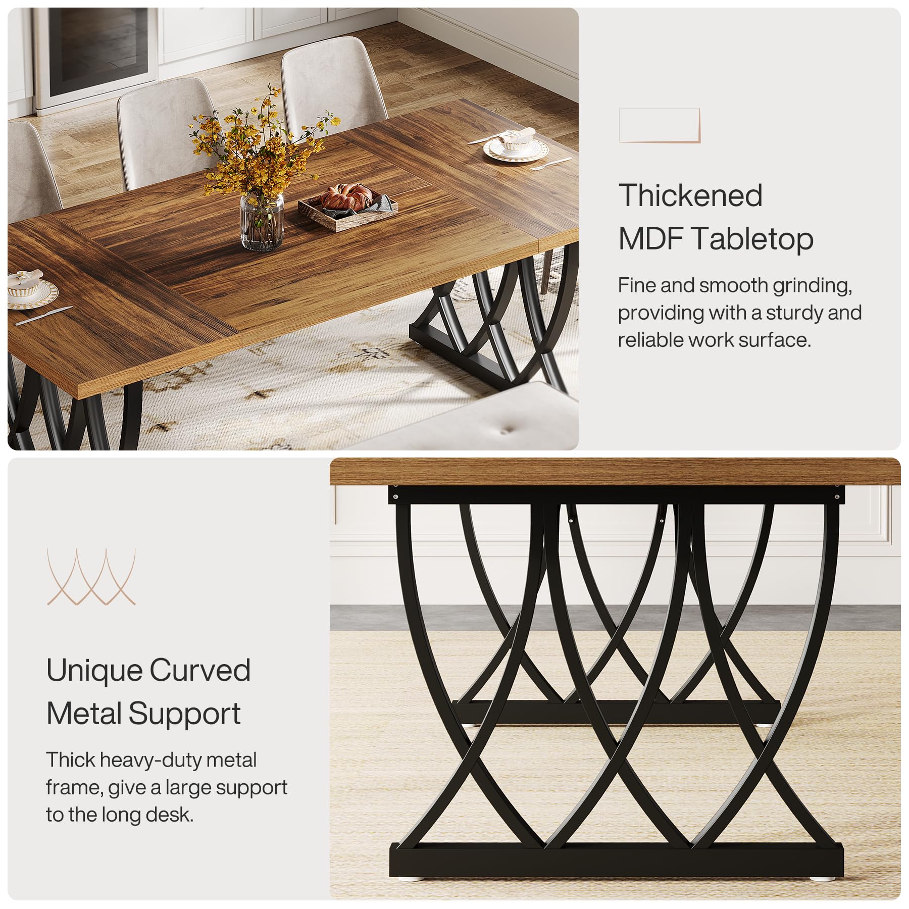 Dining Table for 6-8 People 180cm Rectangle Wood Kitchen Table Dinner Table with Heavy Duty Metal Frame for Kitchen