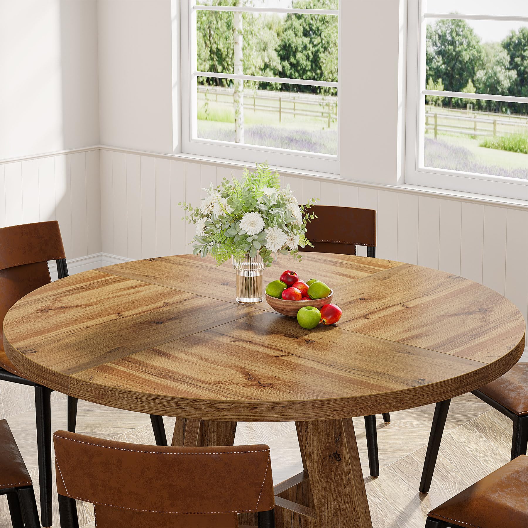 Round Dining Table Wood Kitchen Table for Dining Room Living Room, 119cm Dining Room Tables for 4 People, Farmhouse Dinner Table with Wooden Table Top and Legs, Rustic Brown(Only Table)