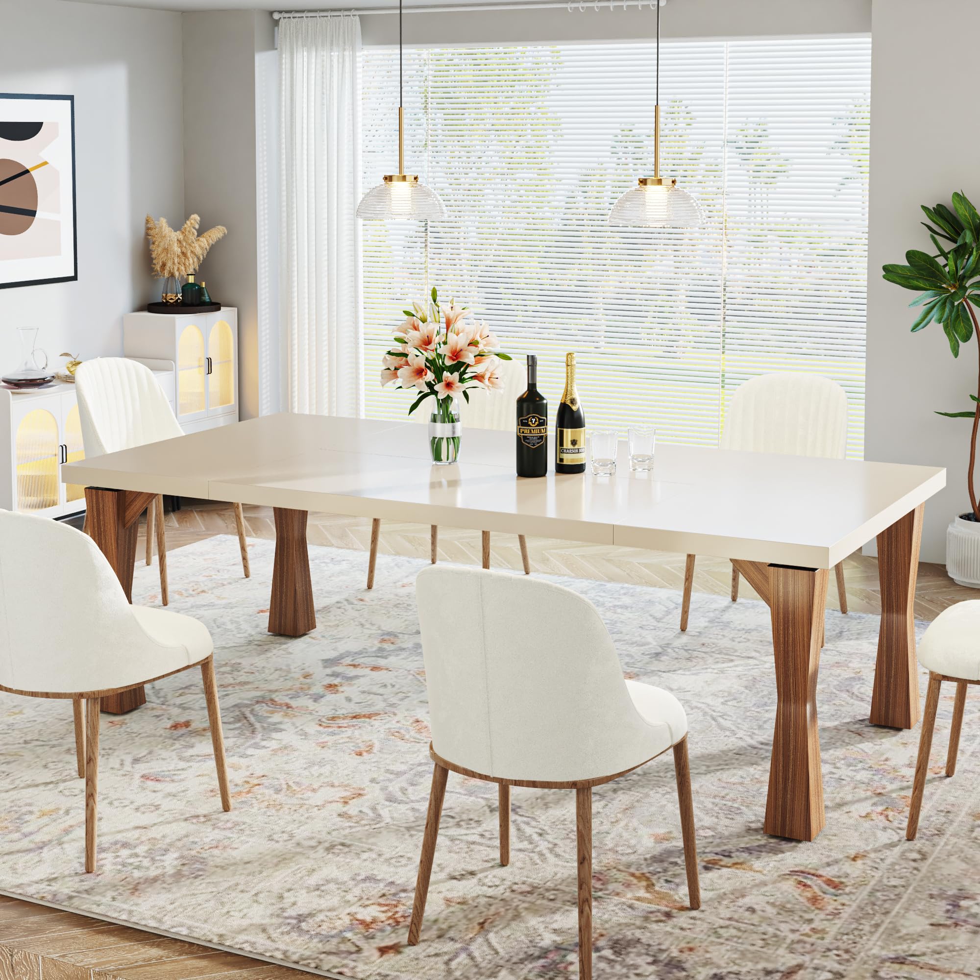 Modern Dining Table for 6-8 People, 180cm Large Kitchen Table with Sturdy Legs, Rectangle Dinner Table Kitchen & Dining Room Furniture, Light Cream White