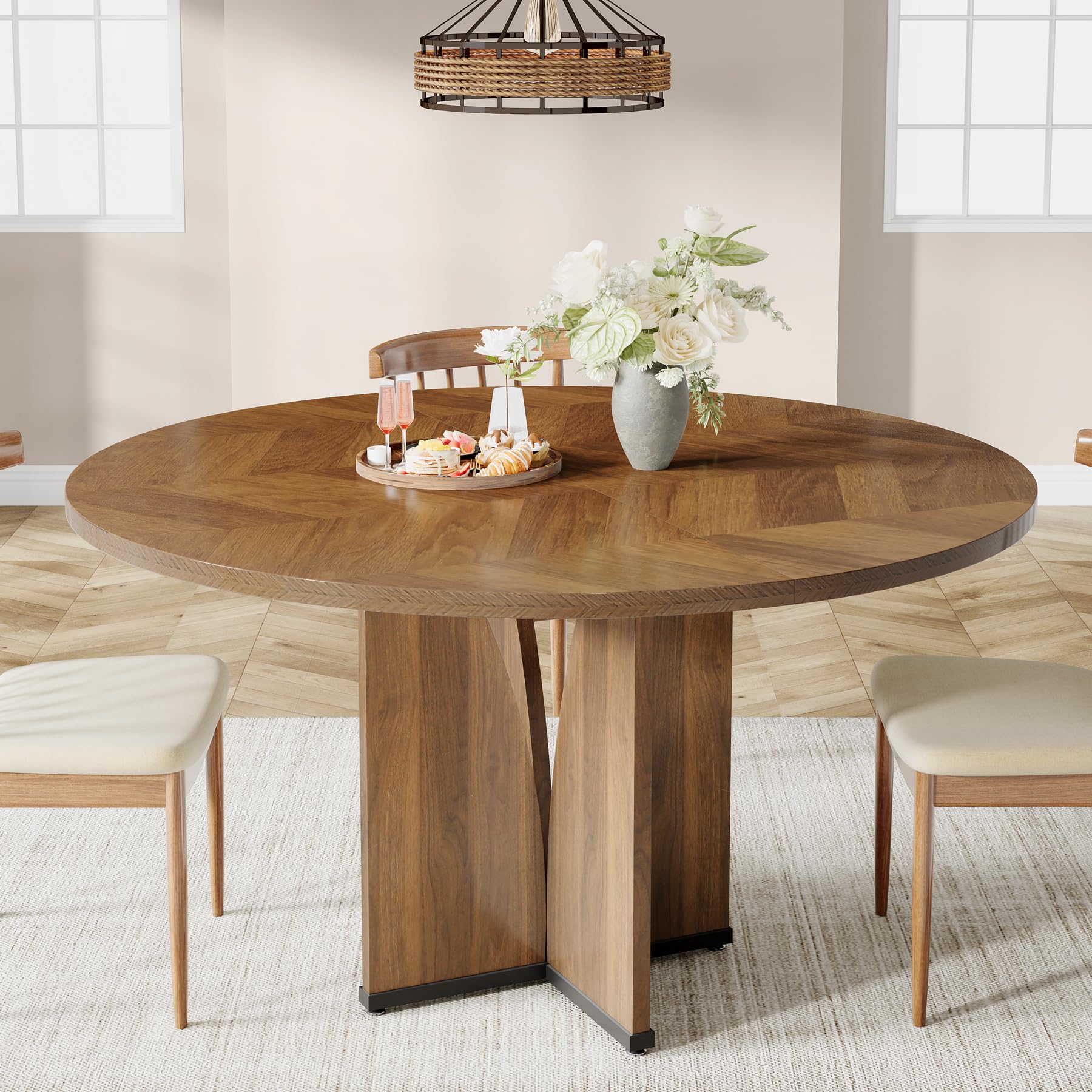 Round Dining Table Wood Kitchen Table for Dining Room Living Room, 101cm Dining Table for 4 People, Farmhouse Dinner Table with Wooden Table Top and Legs, Rustic Brown (Without Chair)