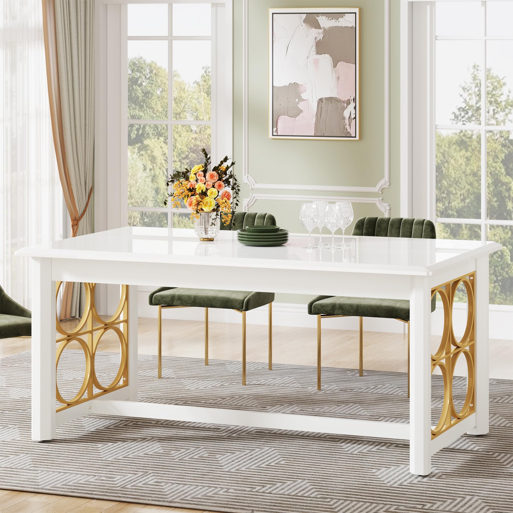 160cm Dining Table for 4-6 People, Modern Kitchen Table with Gold Metal & Glossy Surface, Rectangular Dinner Table for Kitchen, Dining Room, Living Room, White & Gold