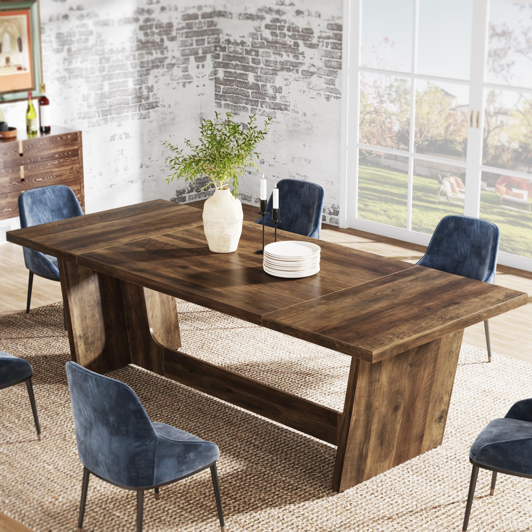 180cm Dining Room Table: Wood Large Dining Table for 6-8 People, Rectangular Farmhouse Kitchen Table with Solid Pedestal, Rustic Long Dinner Table for Big Family