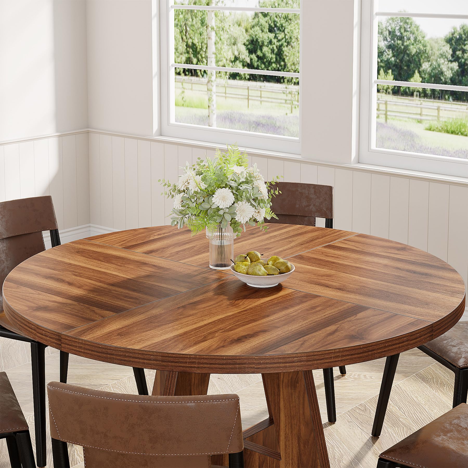 Round Dining Table Wood Kitchen Table for Dining Room Living Room, 119cm Dining Room Tables for 4 People, Farmhouse Dinner Table with Wooden Table Top and Legs, Rustic Brown(Only Table)