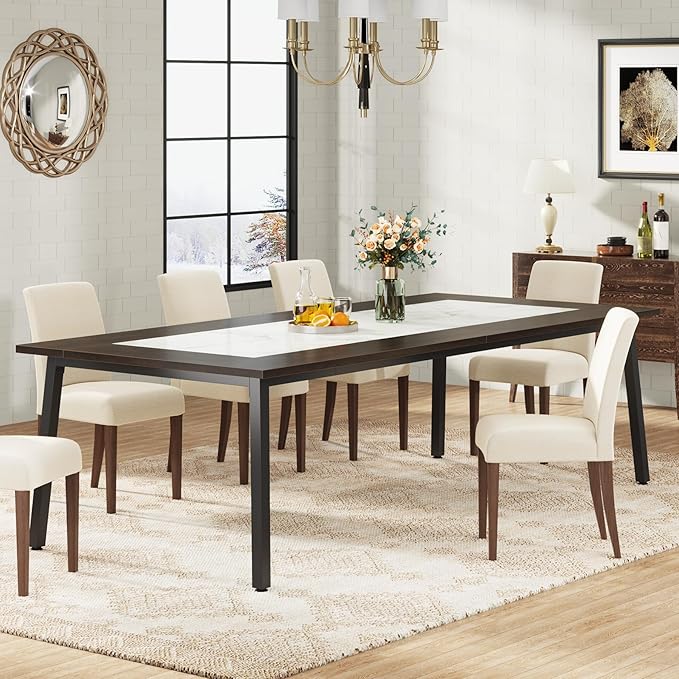 200cm-Dining Table for 8-10 People, Modern Large Kitchen Table Dining Room Table for Living Room, Kitchen, Rectangular Dinner Table with Metal Frame, Dark Brown and White