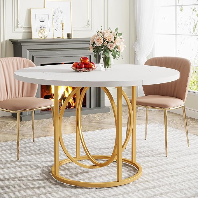 Modern Round Dining Table for 4-6, 119cm White Kitchen Table with Gold Base, Wood Dinner Table Coffee Table for Home Dining Room, Kitchen, Living Room, Apartment, Cafe’