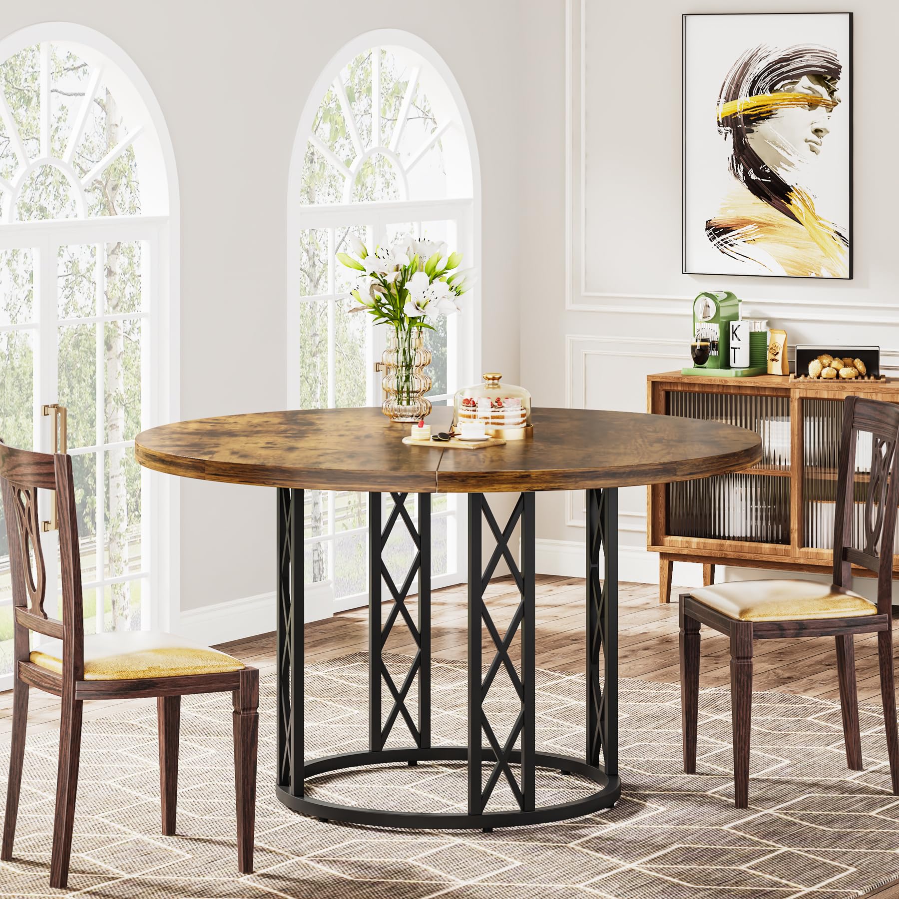 Round Dining Table for 4 People: 120cm Modern Kitchen Table with Wood Grain Surface & Metal Base, Rustic Round Table for Dining Room, Living Room, Brown & Black（Only Table）