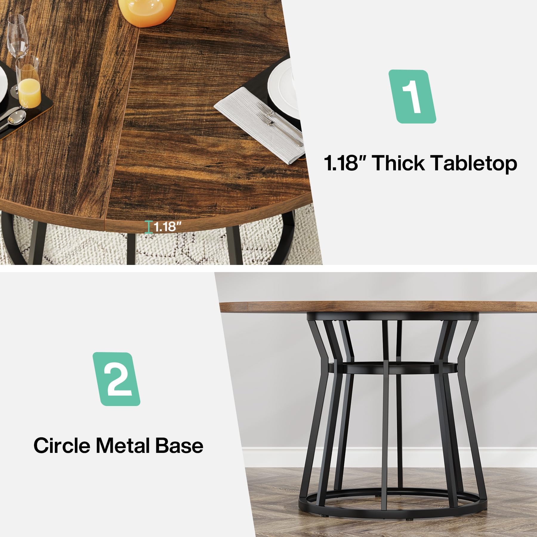 Round Dining Table for 4 People, Circle Dining Room Table with Metal Base, 47.2-Inch Round Kitchen Dinner Table for Living Room Kitchen Dining Room (Brown)