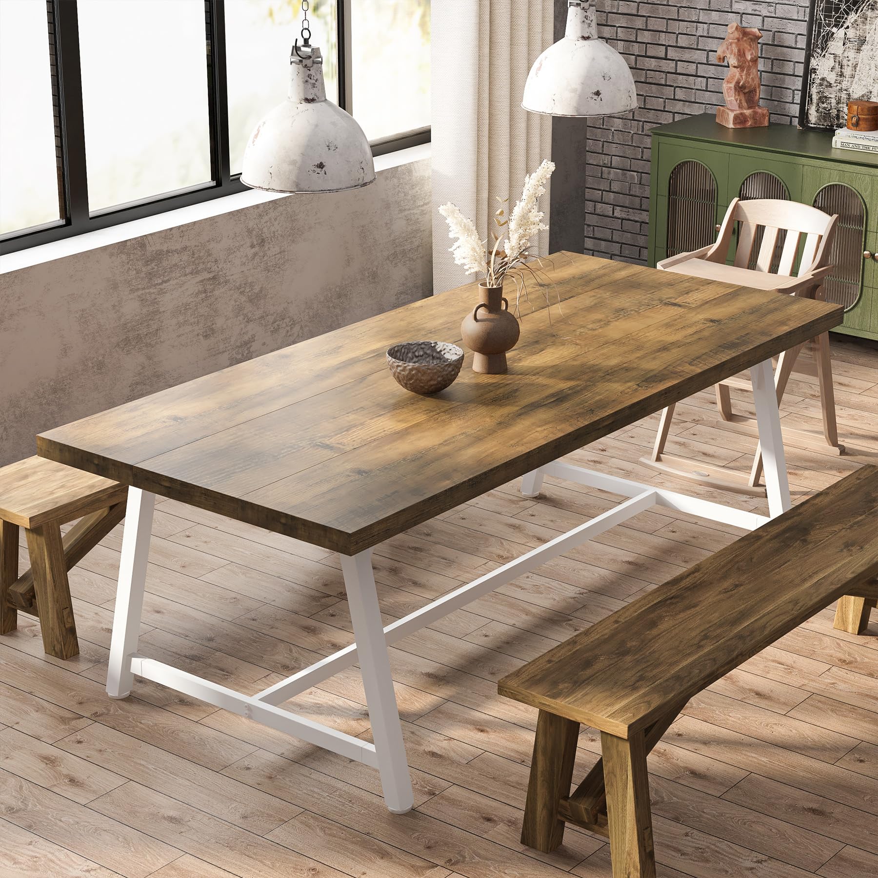 Dining Table for 8 People, 180cm Rectangular Wood Kitchen Table with Strong Metal Frame, Industrial Large Long Dining Room Table for Big Family (Rustic Brown)