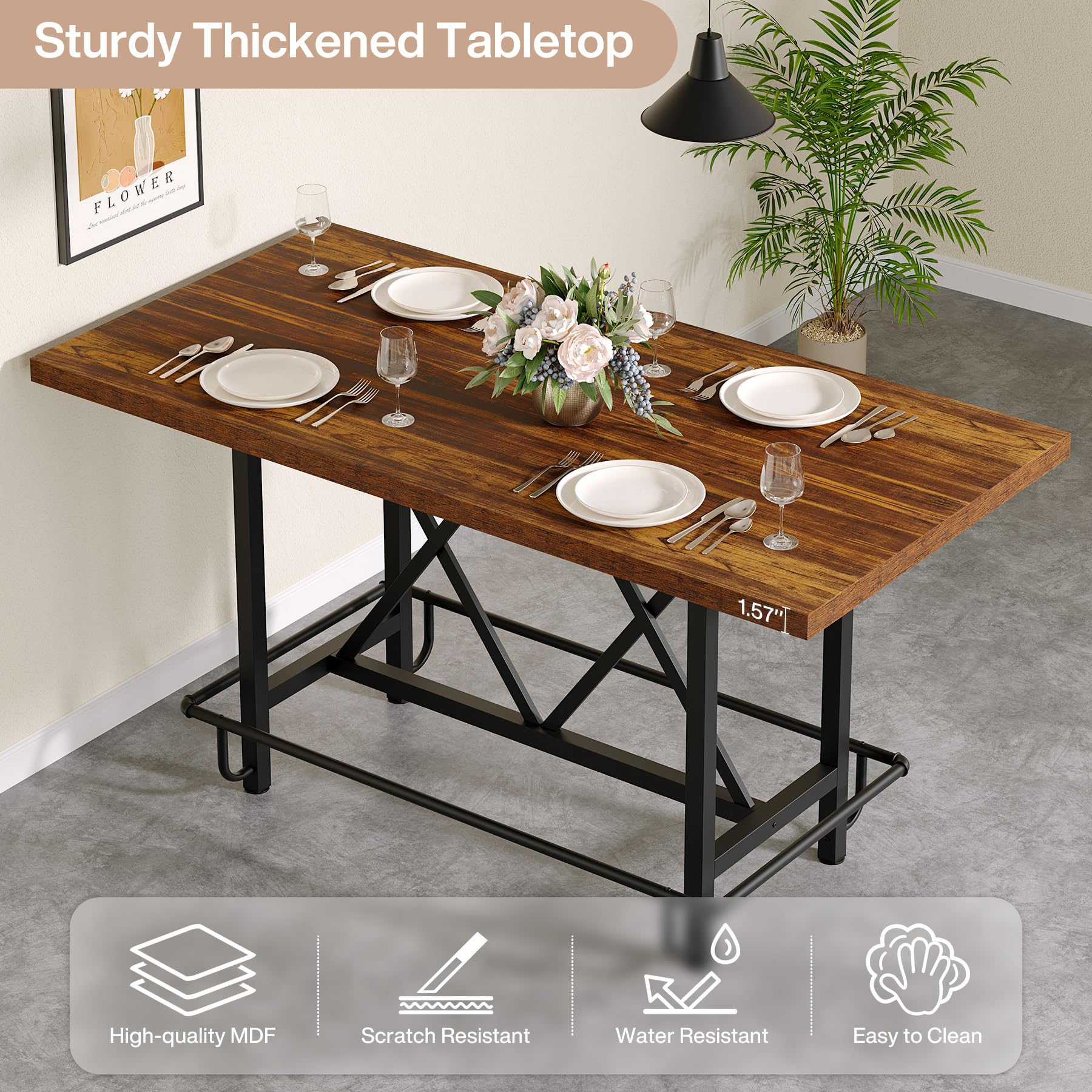 Dining Table for 6 People, Industrial Rectangular Kitchen Table with Metal Footrest, 89cm Counter Height Dinner Table with Heavy Duty Metal Legs for Dining Room (Rustic Brown)