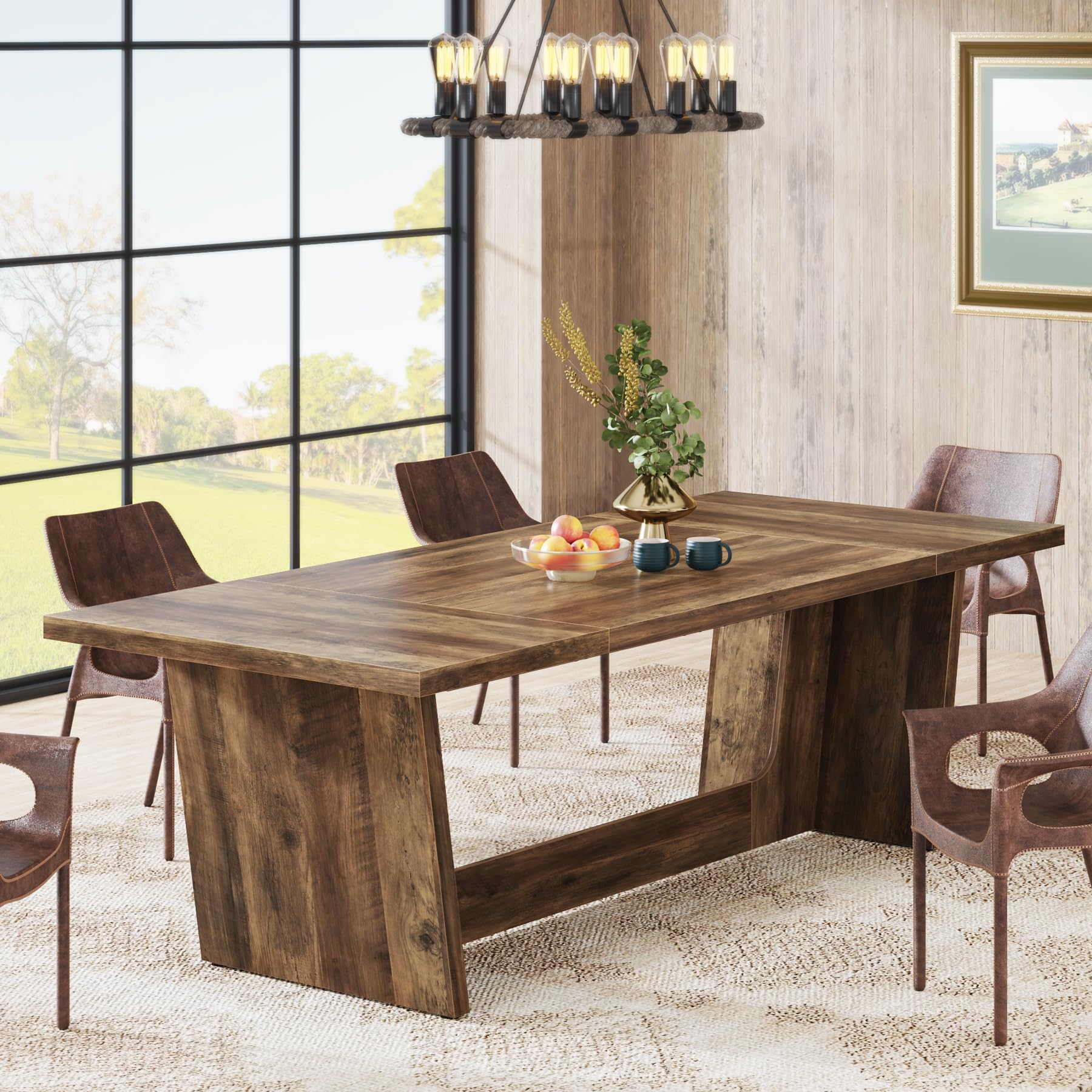 180cm Dining Room Table: Wood Large Dining Table for 6-8 People, Rectangular Farmhouse Kitchen Table with Solid Pedestal, Rustic Long Dinner Table for Big Family