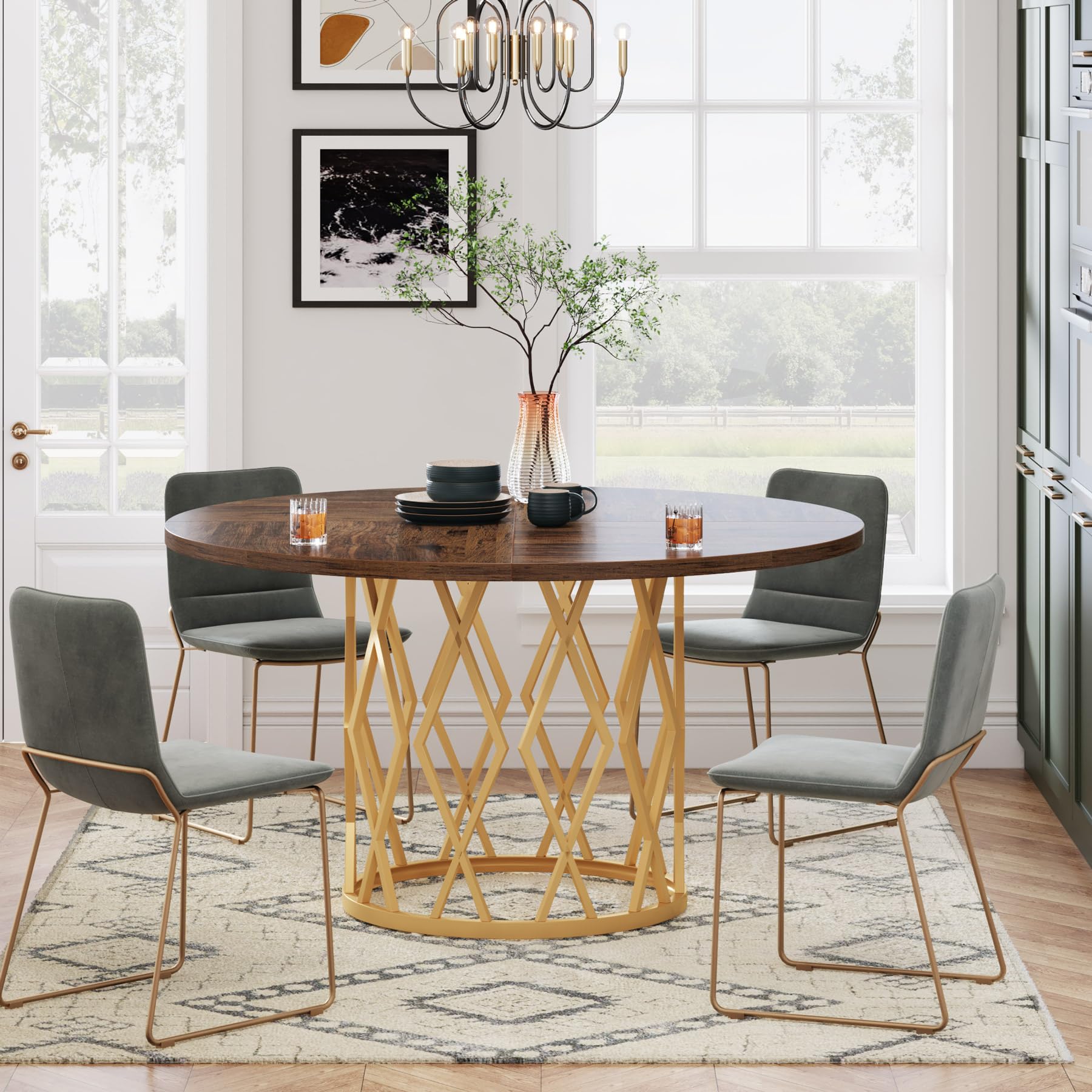 Round Dining Table for 4 People, Circle Dining Room Table with Metal Base, 47.2 Inch Round Kitchen Dinner Table for Living Room Kitchen Dining Room (Gold and Brown)