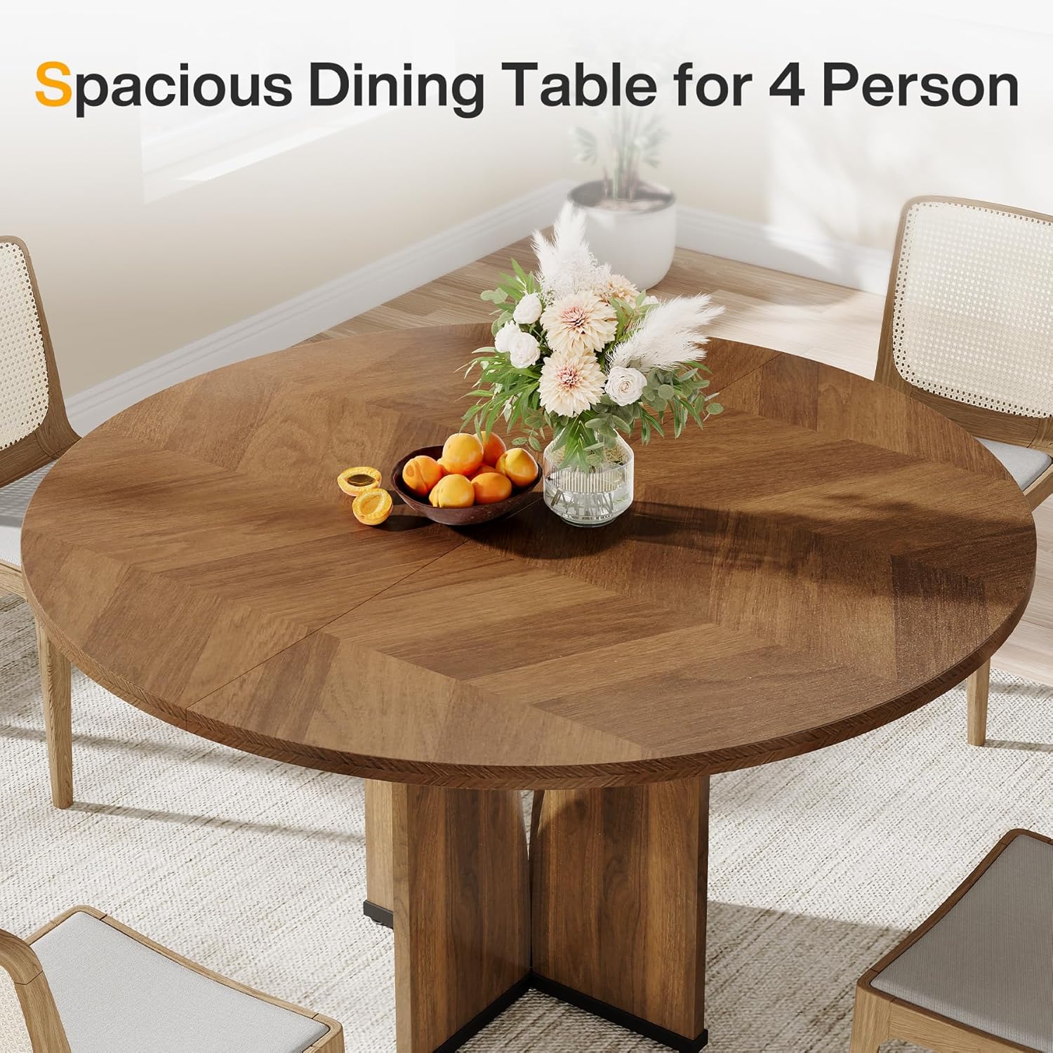 Round Dining Table, 102cm Wood Kitchen Table for 4 People, Farmhouse Dinner Table with Wooden Table Top and Legs, Rustic Brown Dining Table for Dining Room Living Room (Without Chair)