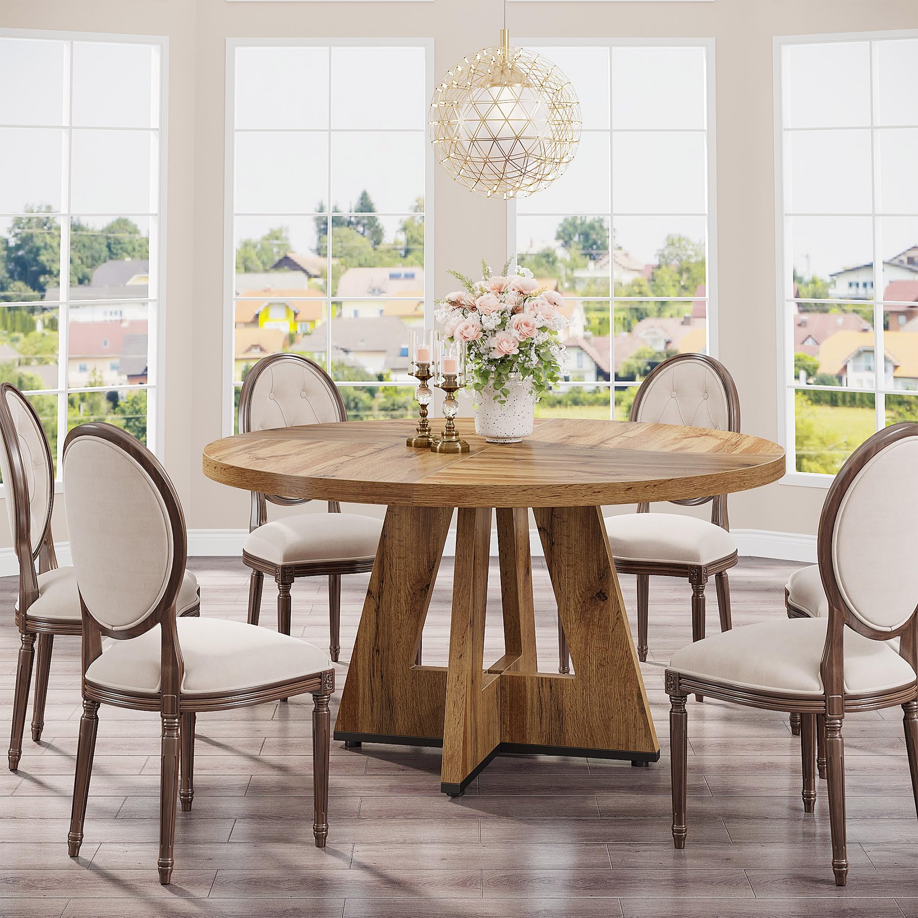 Round Dining Table Wood Kitchen Table for Dining Room Living Room, 119cm Dining Room Tables for 4 People, Farmhouse Dinner Table with Wooden Table Top and Legs, Rustic Brown(Only Table)