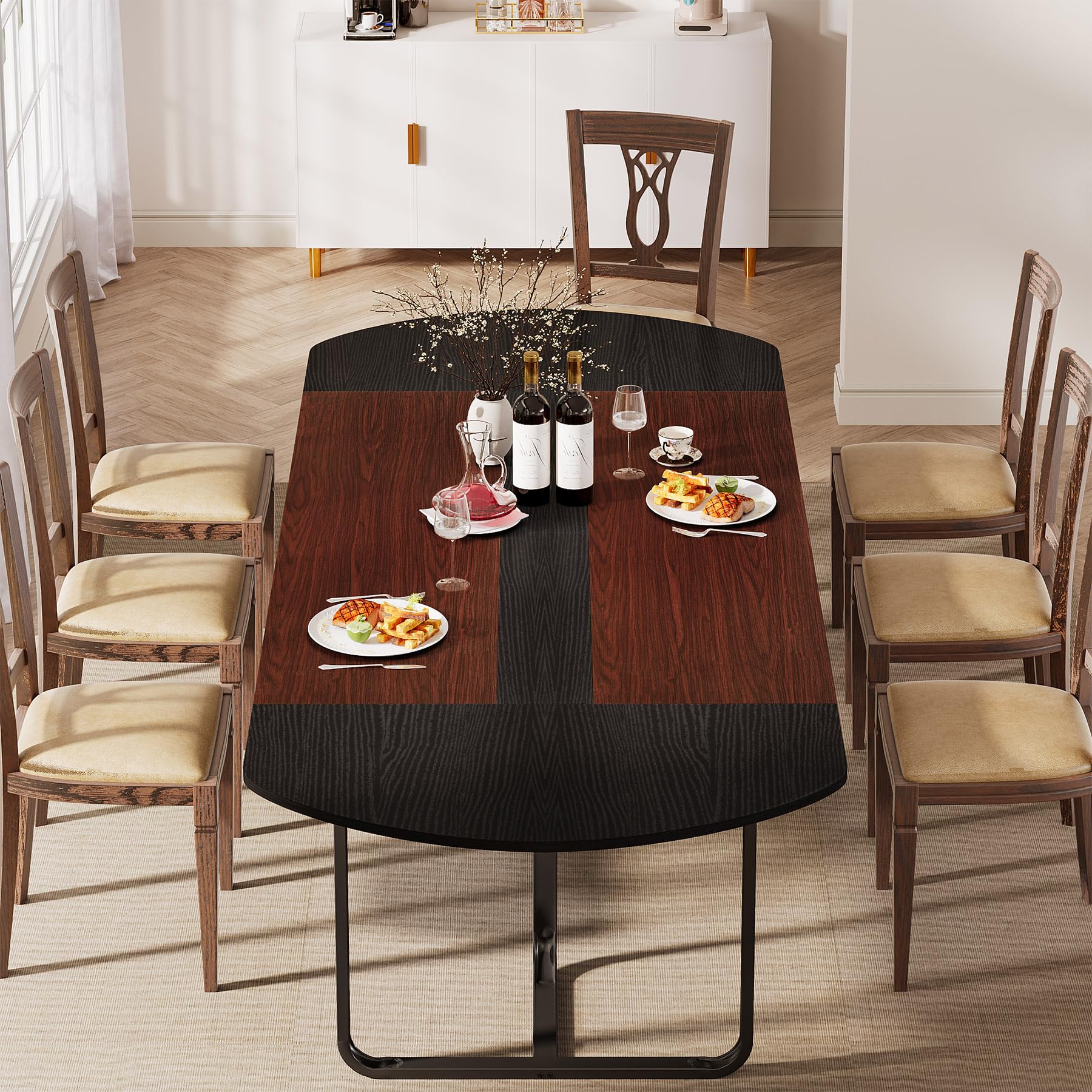 180cm Modern Oval Dining Table with Walnut and Black Finish Splicing Board, Curved Kitchen Tables for 6-8, Large Dining Room Table with Stylish Metal Legs (Walnut+Black)