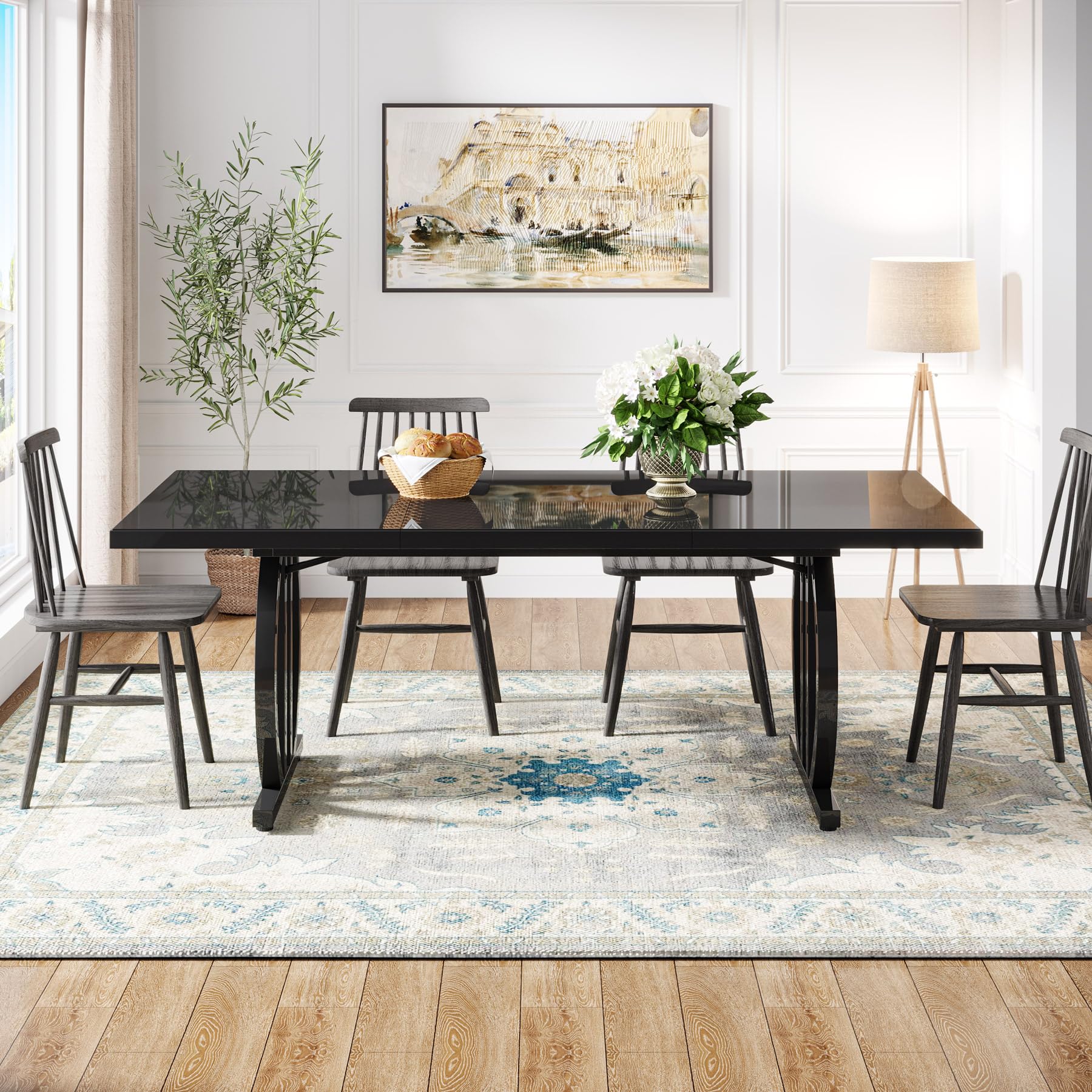 160cm Dining Table for 6, Rectangular Wood Kitchen Table with Heavy-Duty Metal Legs, Modern Black Dinner Table for Home, Dining Room, Small Spaces (63" D x 31.5" W x 29.53" H)