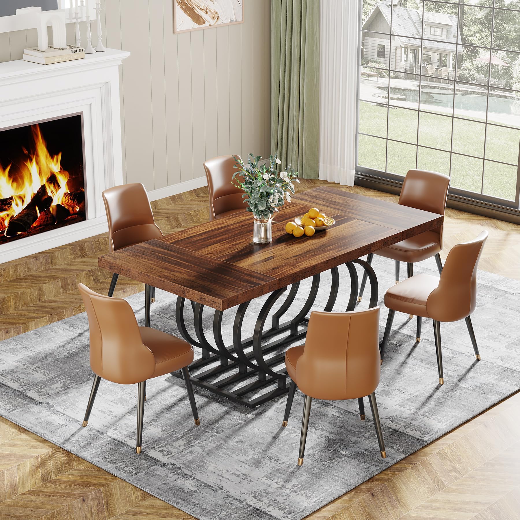 Modern Dining Table, 160cm Faux Marble Wood Kitchen Table for 6 People, Rectangular Dinner Room Table with Geometric Frame for Kitchen, Dining Room, White Gold