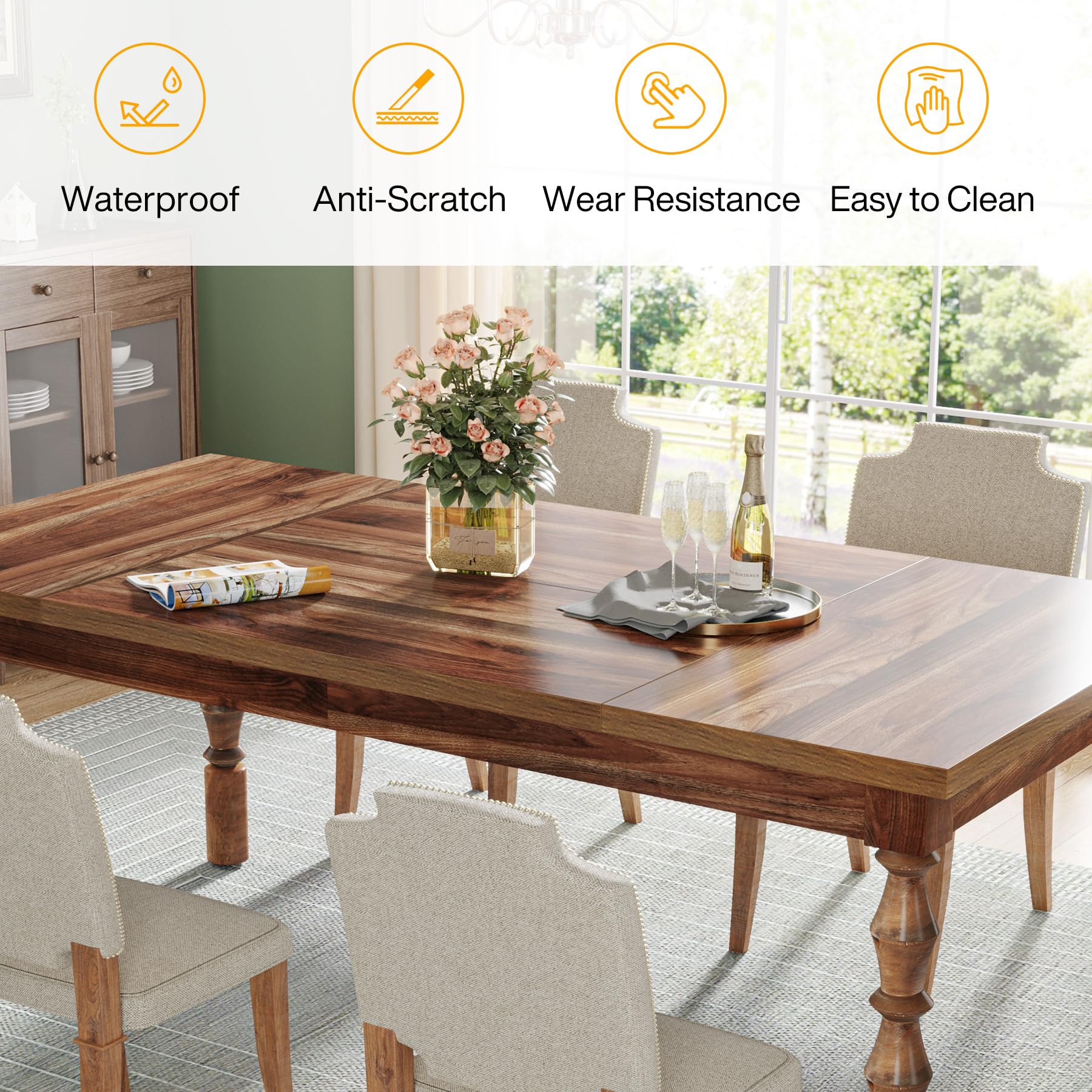 158cm Wood Dining Table for 4-6 People, Farmhouse Large Rectangle Kitchen Table, Dinner Table Kitchen & Dining Room Furniture with Carved Turned Legs, Walnut