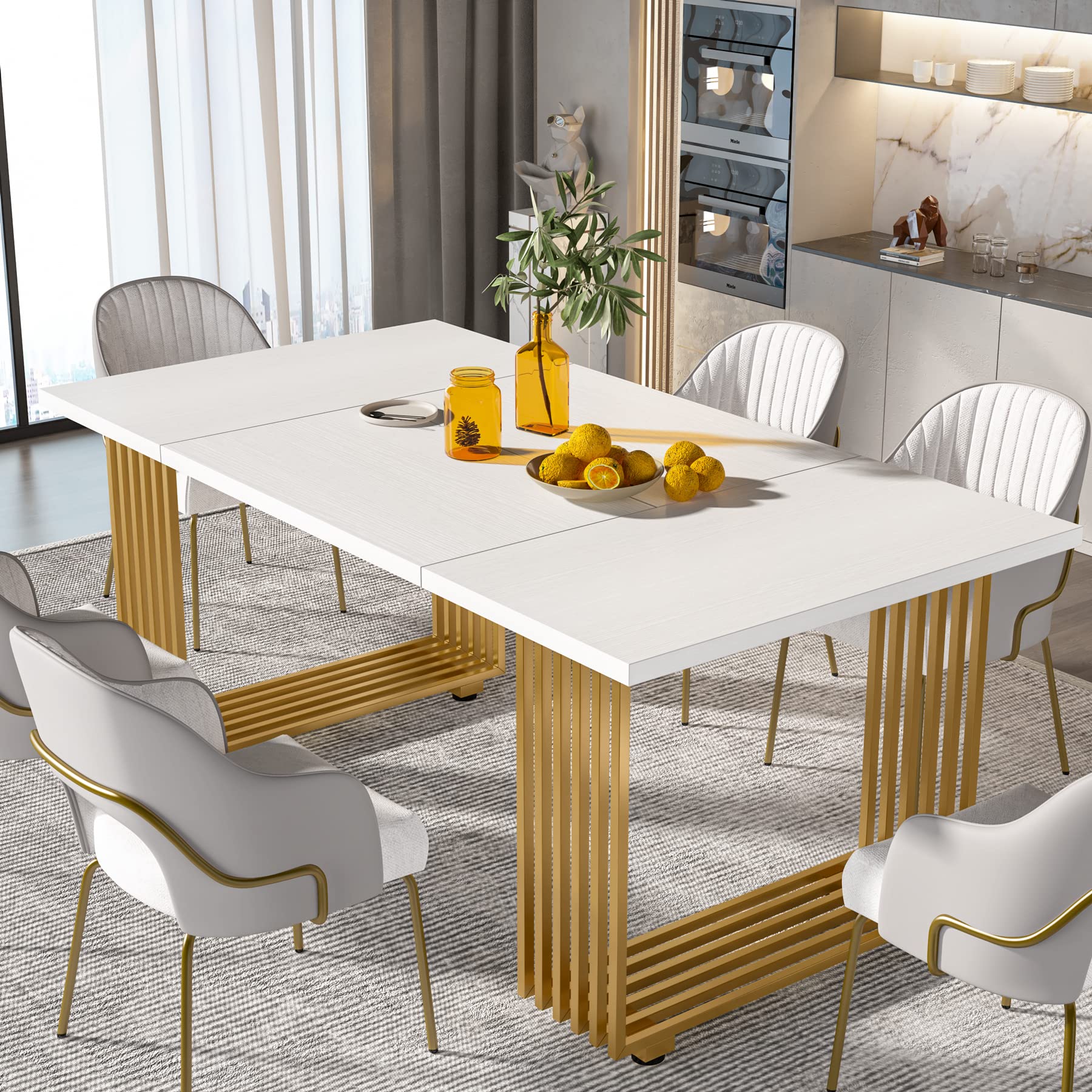 Modern Dining Table for 6-8 People, 180cm White Dining Room Table, Wooden Kitchen Table, Rectangular Dinner Table for Dining Room Family Gathering