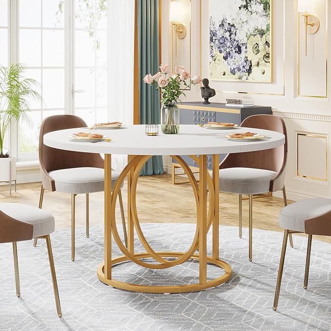 Modern Round Dining Table for 4-6, 119cm White Kitchen Table with Gold Base, Wood Dinner Table Coffee Table for Home Dining Room, Kitchen, Living Room, Apartment, Cafe’