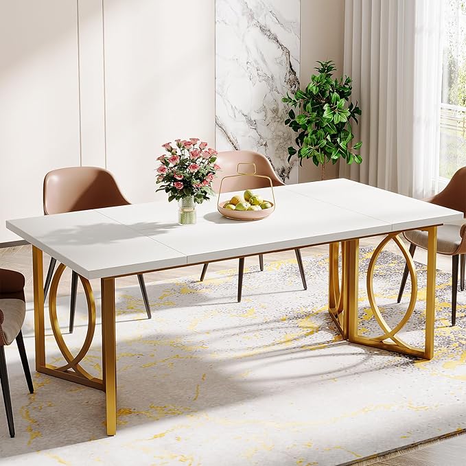 180cm Dining Room Table Modern White Gold Kitchen Table for 6 People, Large Rectangular Dinner Table with Wood Top and Golden Metal Frame for Kitchen Dining Room Living Room, White Gold