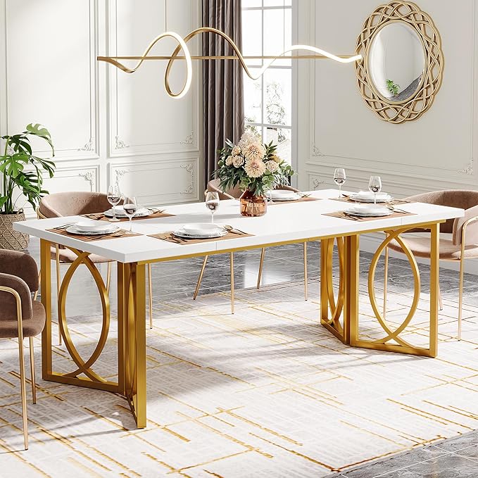 180cm Dining Room Table Modern White Gold Kitchen Table for 6 People, Large Rectangular Dinner Table with Wood Top and Golden Metal Frame for Kitchen Dining Room Living Room, White Gold