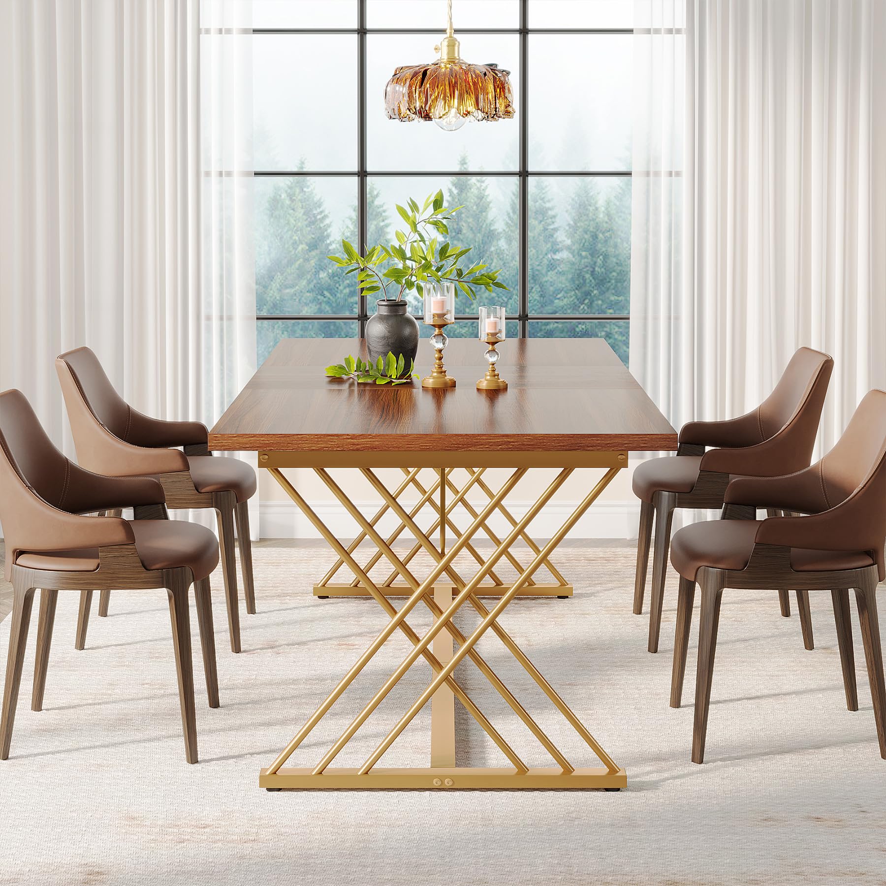 160cm Dining Table for 4-6 People, Industrial Kitchen Table Dining Room Table for Living Room, Kitchen, Rectangular Dinner Table with Gold Metal Frame, Brown