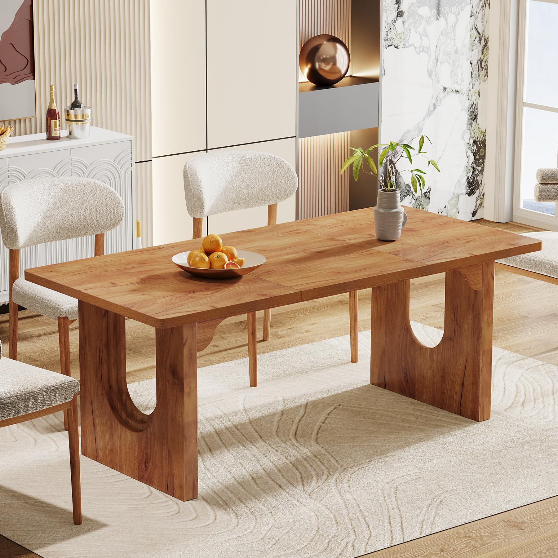 Modern Dining Table for 6 to 8 People, 180cm Large Kitchen Dining Table with Wood Pedestal Base, Rectangular Long Dinner Table for Kitchen, Dining Room, Living Room, Rustic Brown