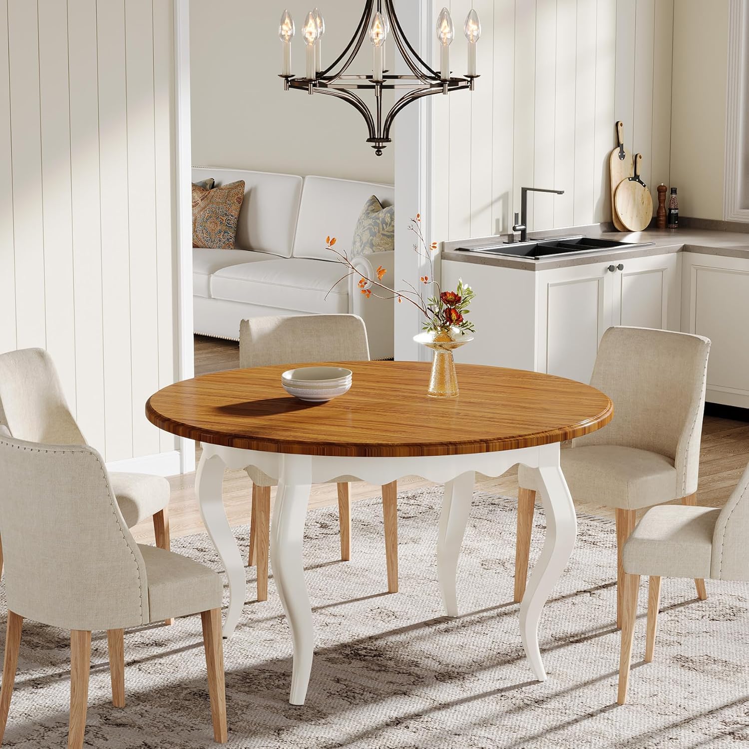 Round Dining Table for 4, 119cm Farmhouse Kitchen Dinner Table, Wood Circle Dining Room Table with Solid Wood Legs for Kitchen, Living Room, Brown and White (Only Table)