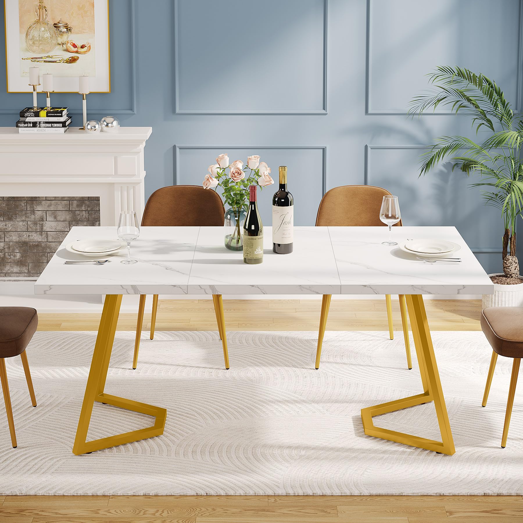 Gold Dining Dinner Table: 140cm Modern White Dining Room Table with Golden Legs, Faux Marble Small Kitchen Table for 6, Rectangular Dining Table for Apartment