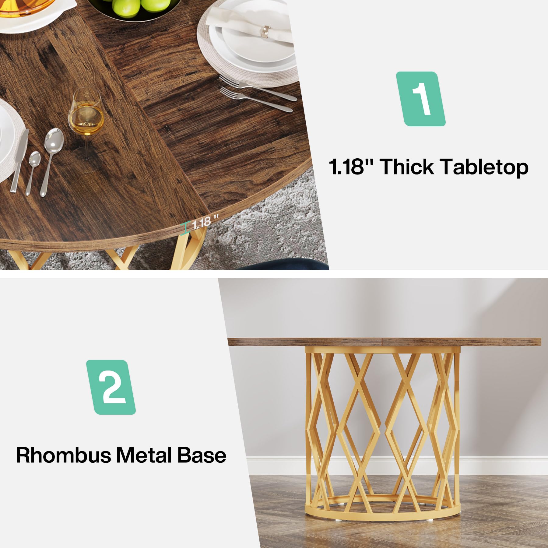 Round Dining Table for 4 People, Circle Dining Room Table with Metal Base, 47.2 Inch Round Kitchen Dinner Table for Living Room Kitchen Dining Room (Gold and Brown)