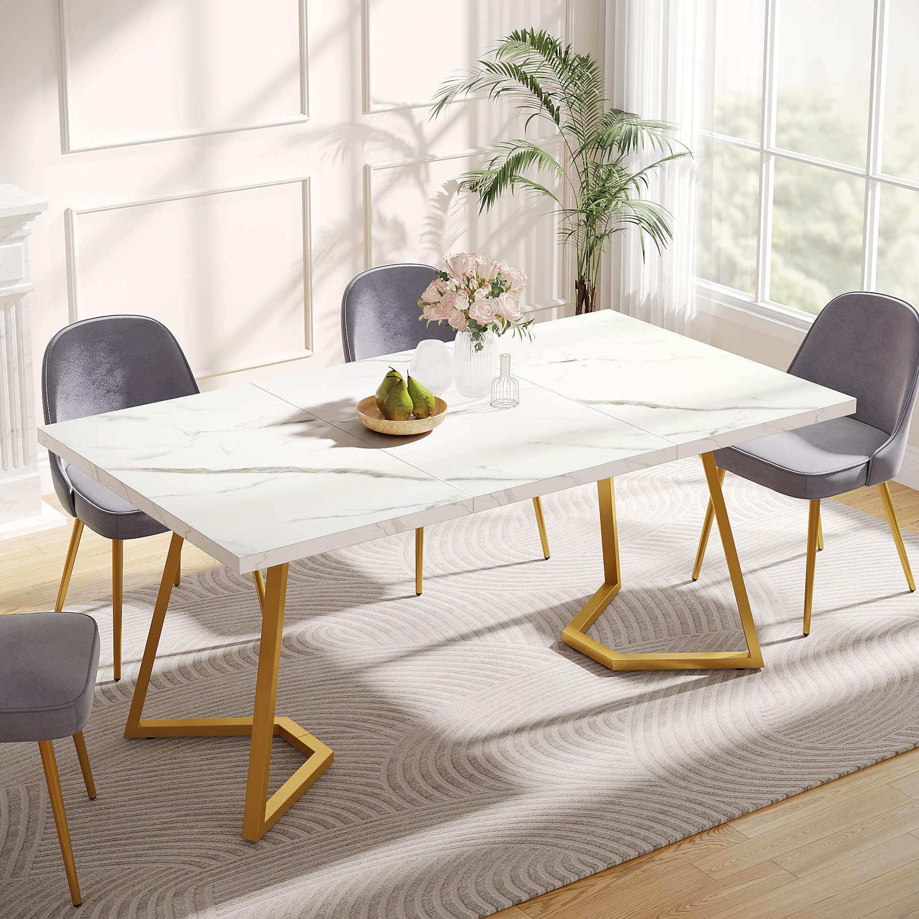 Gold Dining Dinner Table: 140cm Modern White Dining Room Table with Golden Legs, Faux Marble Small Kitchen Table for 6, Rectangular Dining Table for Apartment