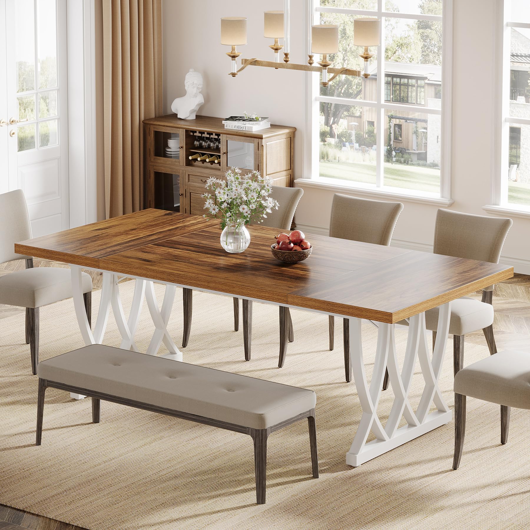Dining Table for 6-8 People 180cm Rectangle Wood Kitchen Table Dinner Table with Heavy Duty Metal Frame for Kitchen