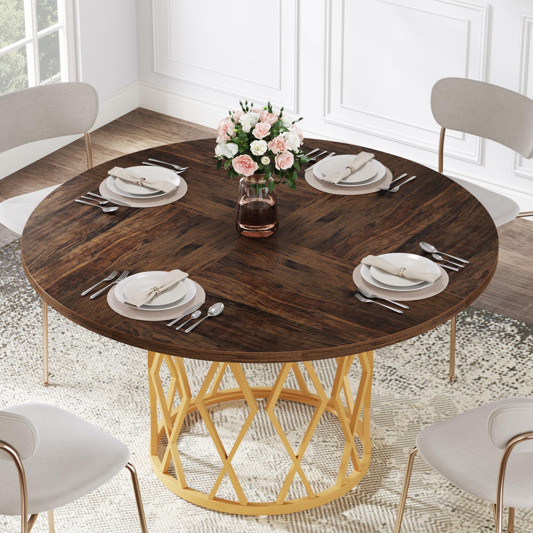 Round Dining Table for 4 People, Circle Dining Room Table with Metal Base, 47.2 Inch Round Kitchen Dinner Table for Living Room Kitchen Dining Room (Gold and Brown)