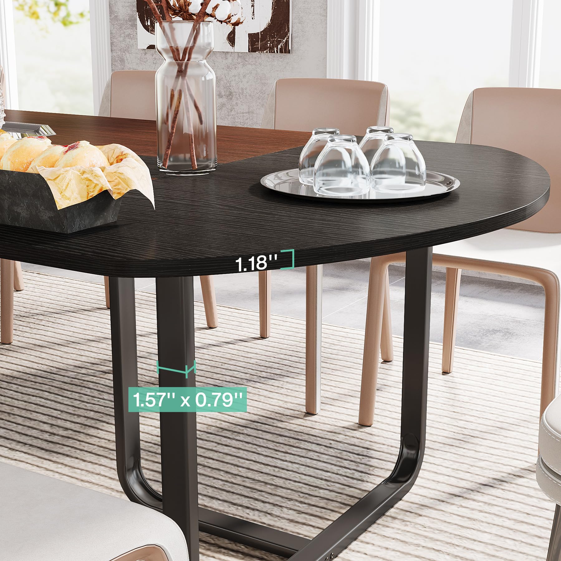 180cm Modern Oval Dining Table with Walnut and Black Finish Splicing Board, Curved Kitchen Tables for 6-8, Large Dining Room Table with Stylish Metal Legs (Walnut+Black)